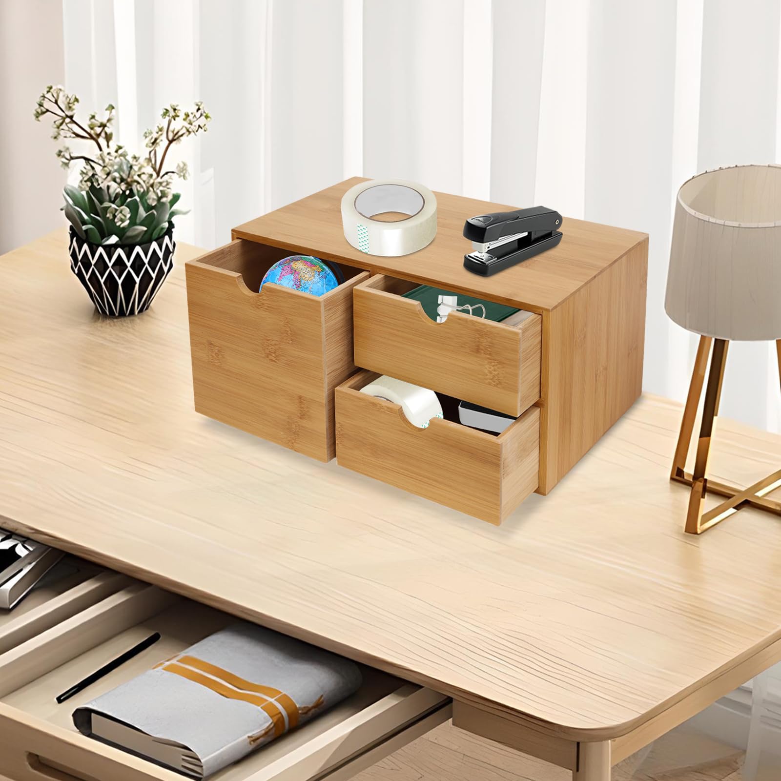 Organizer da scrivania in bambù con cassetti, contenitore multifunzione per francobolli, appunti adesivi, graffette, penne, fatture, biglietti da visita, 33 x 19 x 16 cm, per un ufficio ordinato
