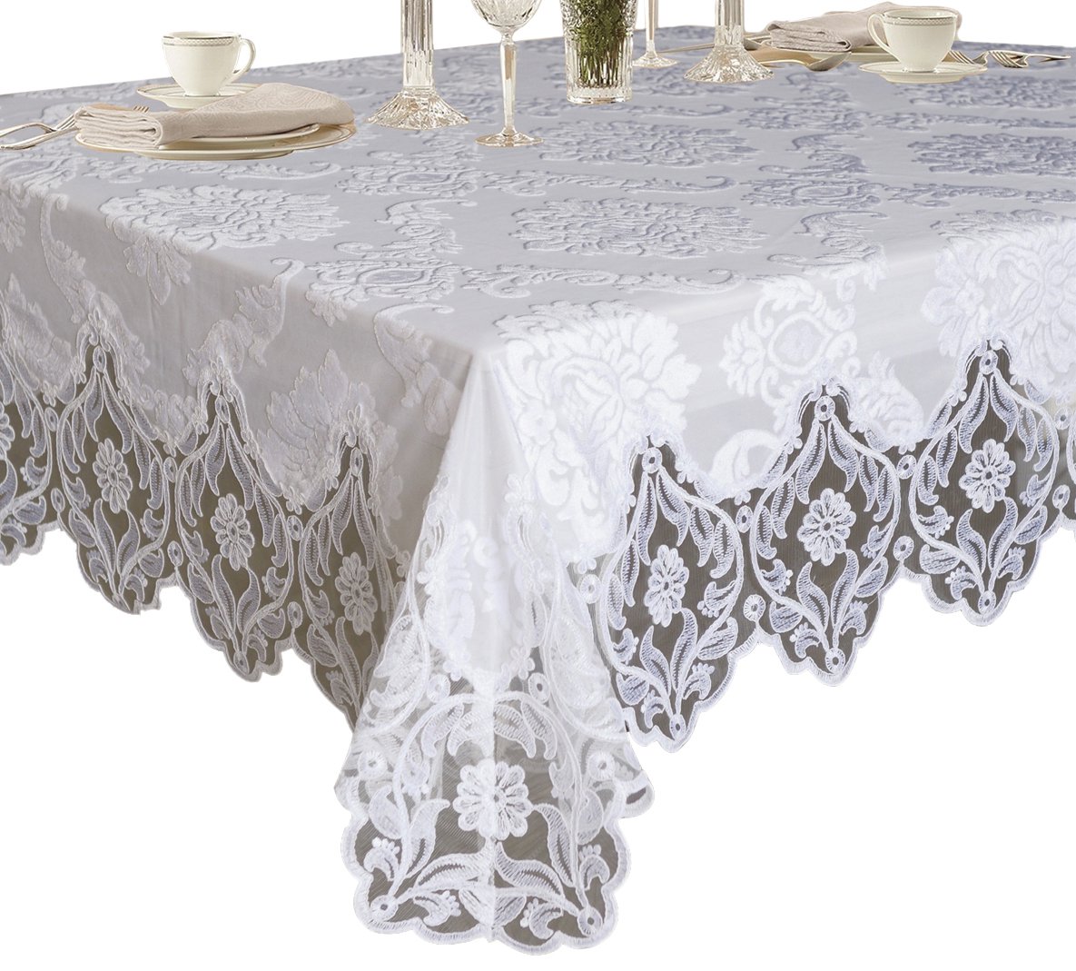 Elegant Velvet Lace Sheer Floral Deluxe Design Tablecloths - White, 70" x 108"