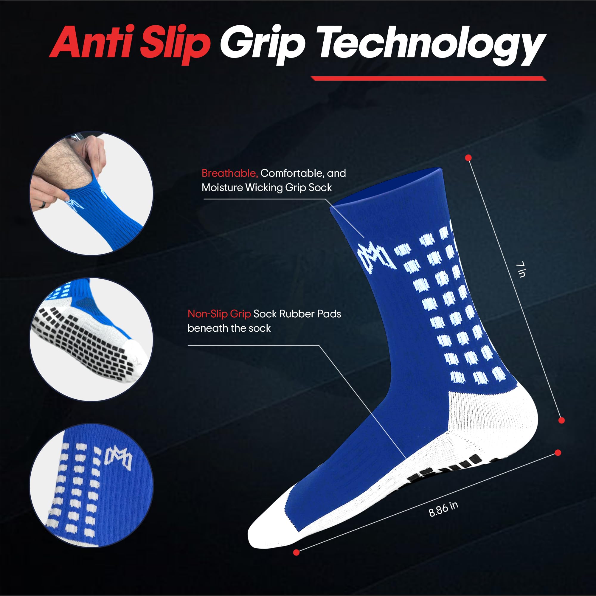 MediCaptain Paquete de calcetines de agarre de fútbol, espinilleras, mangas precortadas y correas de protección, equipo esencial para jugadores de fútbol, para hombres, mujeres, jóvenes, talla 7 a 12