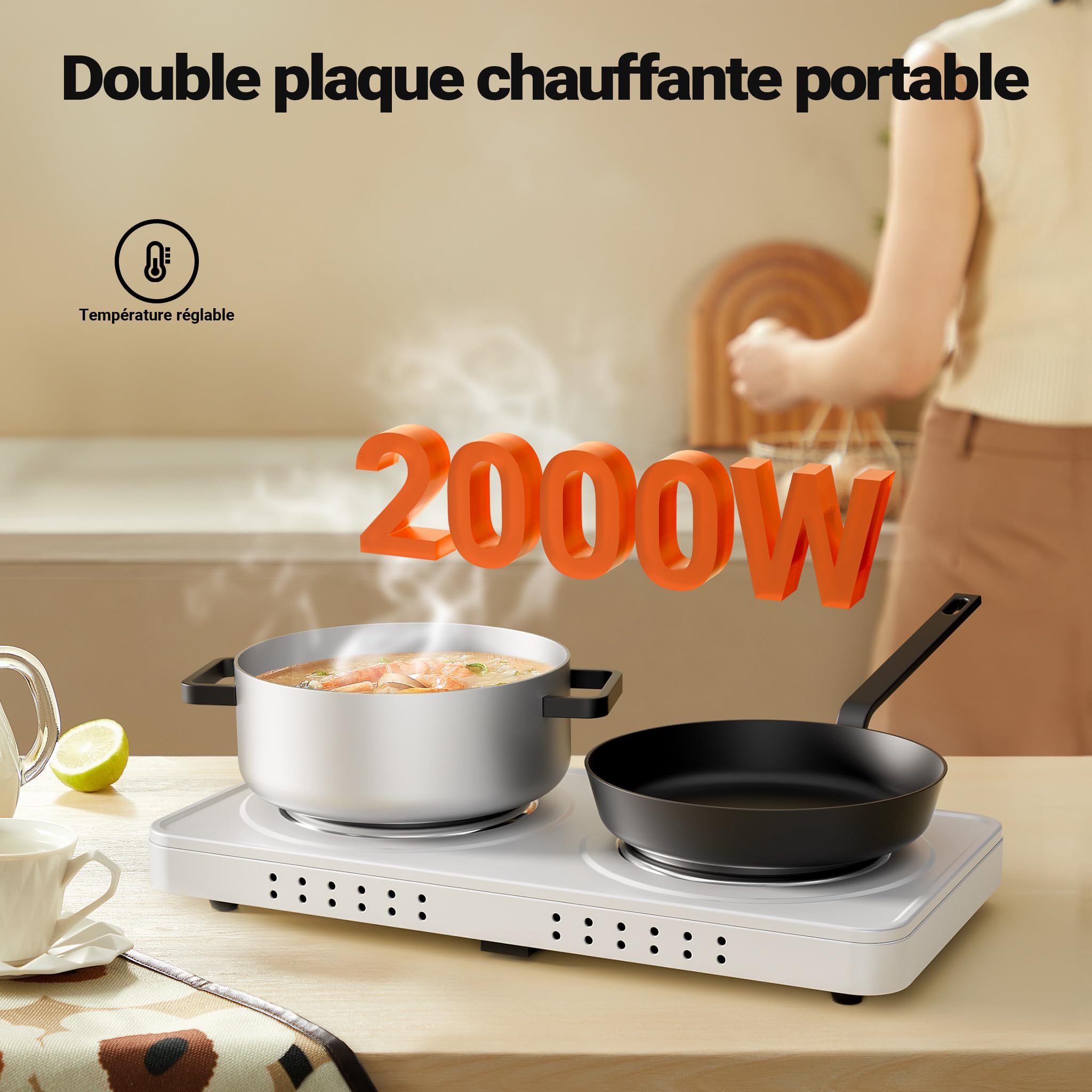 Wiltec Double plaque chauffante 2000 W, 460 x 240 x 55 mm, Ø 15,5 cm/plaque, plaque de cuisson camping, cuisinière électrique, réchaud