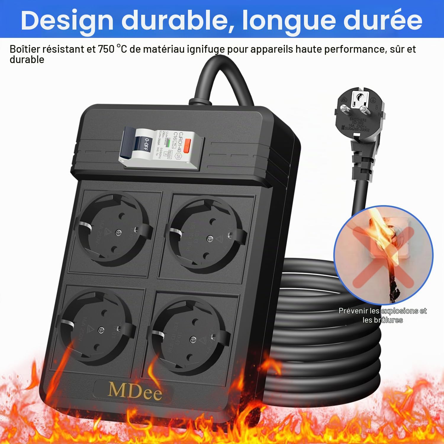 MDee RCD Multiprise MDee RCD avec disjoncteur différentiel, Multiprise Electrique (16A/4000W), 4 Prises, Protection Contre Les Surtensions, Câble 3M pour appareils électroménagers, Outils, extérieur