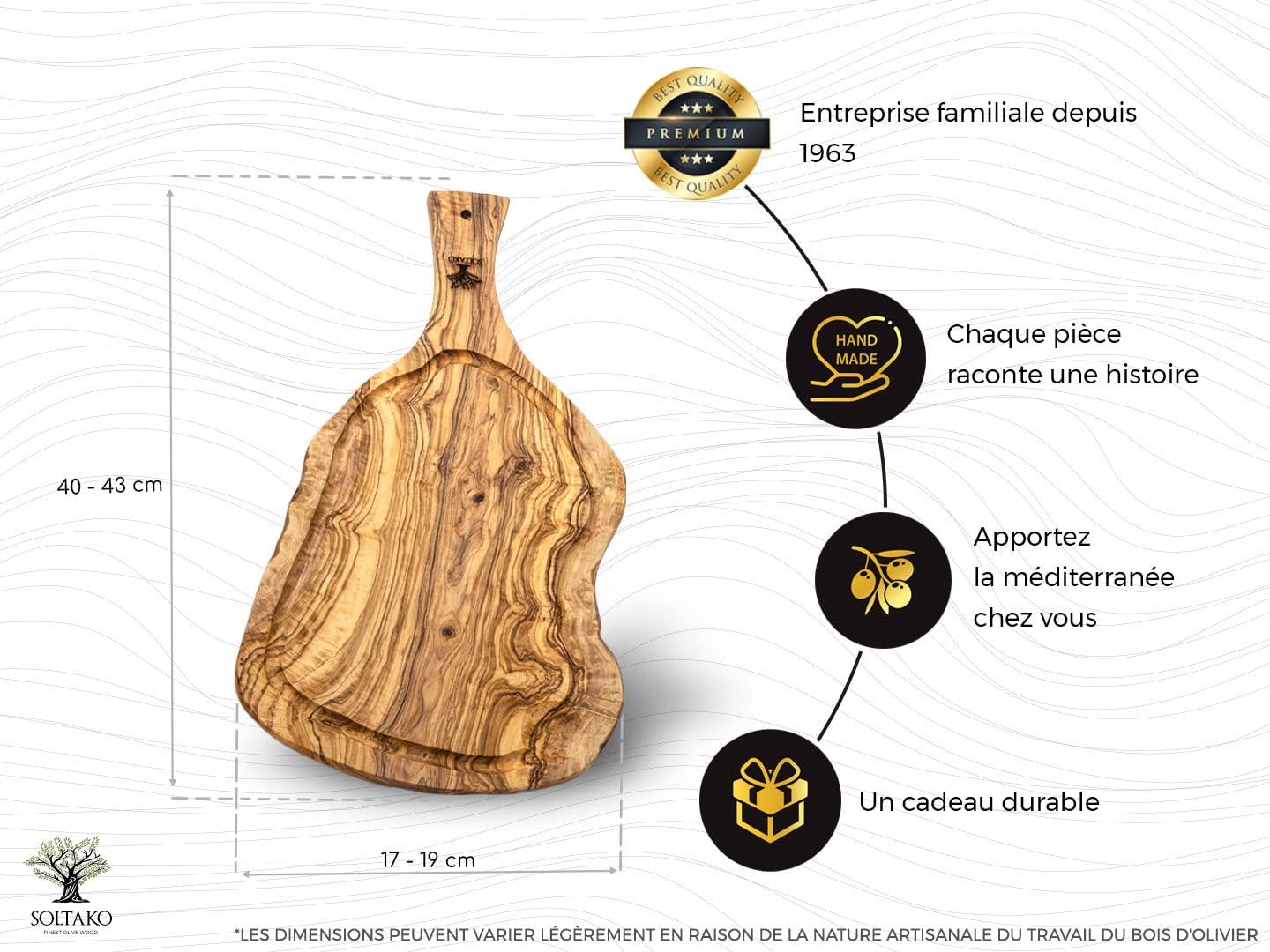 SOLTAKO Planche à Découper en Bois d’Olivier, Planche Rustique avec Manche, pour Fromage, Robuste avec Rainure à Jus, Plateau Apéritif, Pièce Artisanale (Long. env. 40–43 cm)