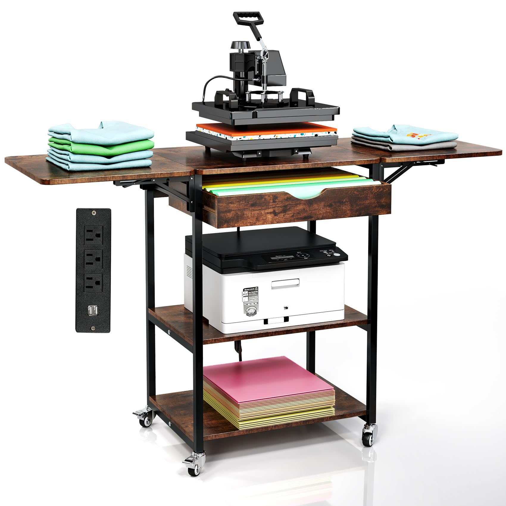 TC-HOMENY Movable 3 Tier Heat Press Table, Foldable Heat Transfer Machine Stand with Vinyl Roll Holder, Heat Press Table Cart Stand with Charging