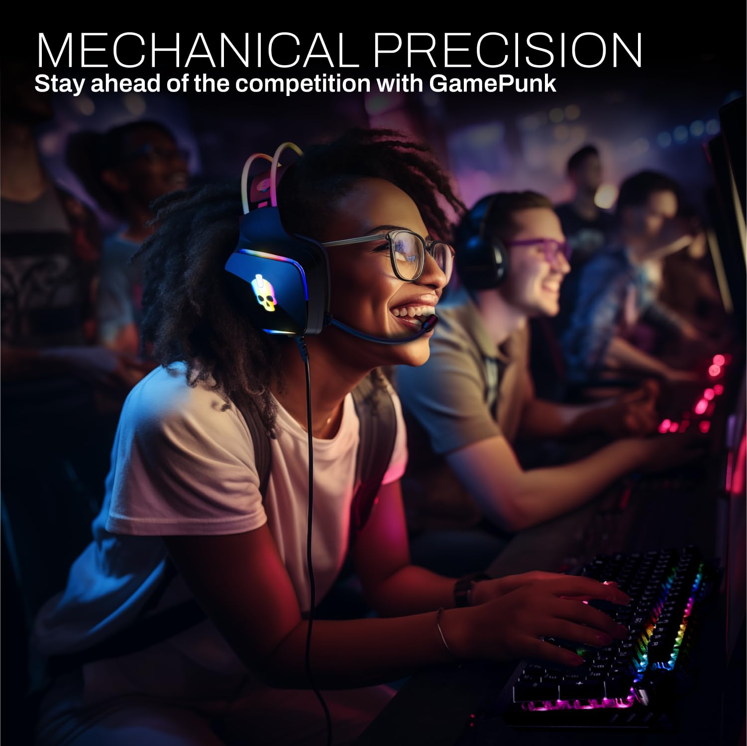 GAME PUNK Set di 6 pezzi Codebreakers RGB Gaming - Tastiera meccanica, mouse RGB e tappetino per mouse XL Hub USB, cuffie da gioco con supporto, striscia luminosa - Accessori per giochi per PC desktop