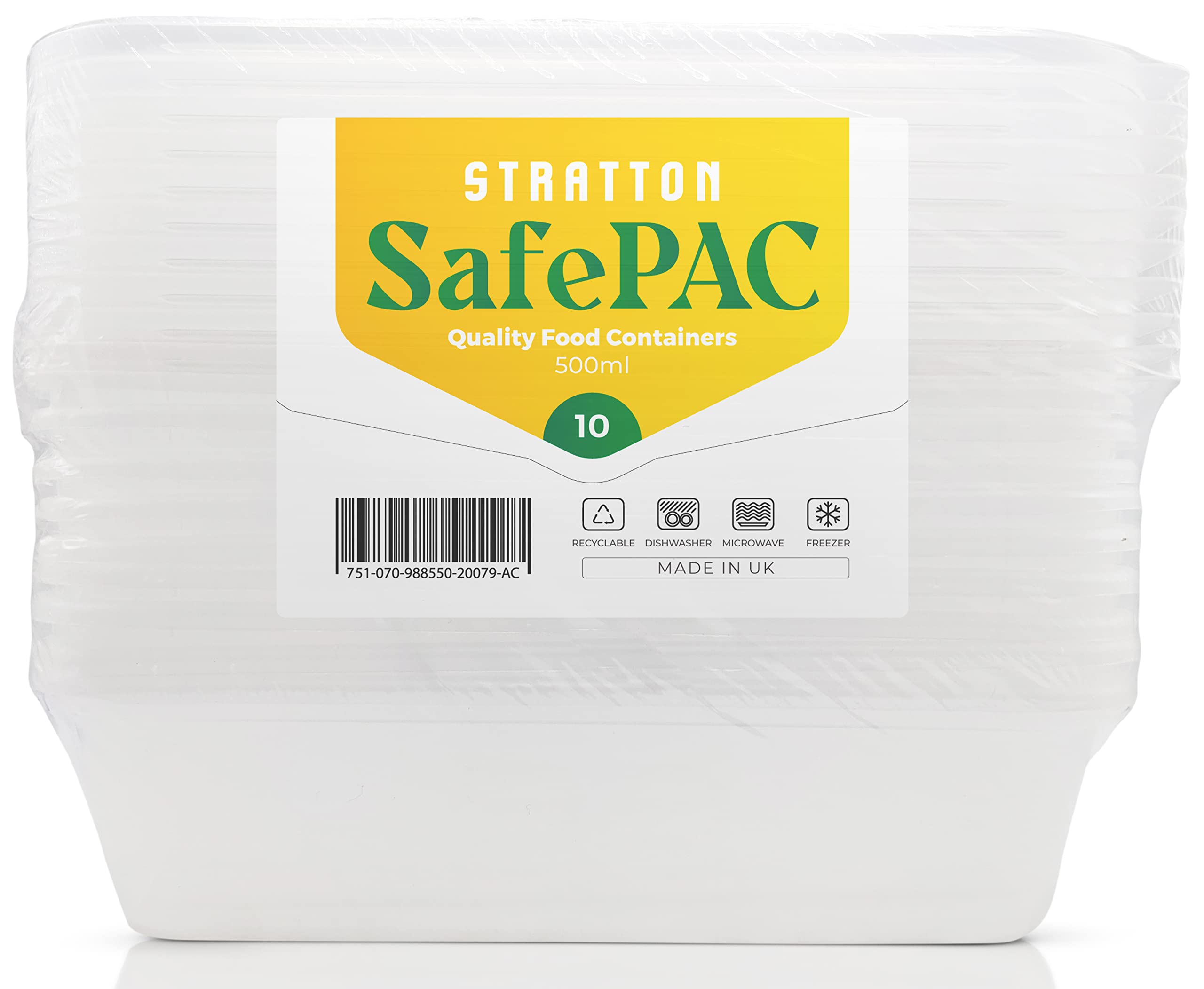 SafePAC - 10 Food Containers with Lids | Meal Prep, Storage, Takeaway Plastic Containers | Microwavable, Freezer & Dishwasher Safe | Reusable and Recyclable | BPA Free | Small (500ml)