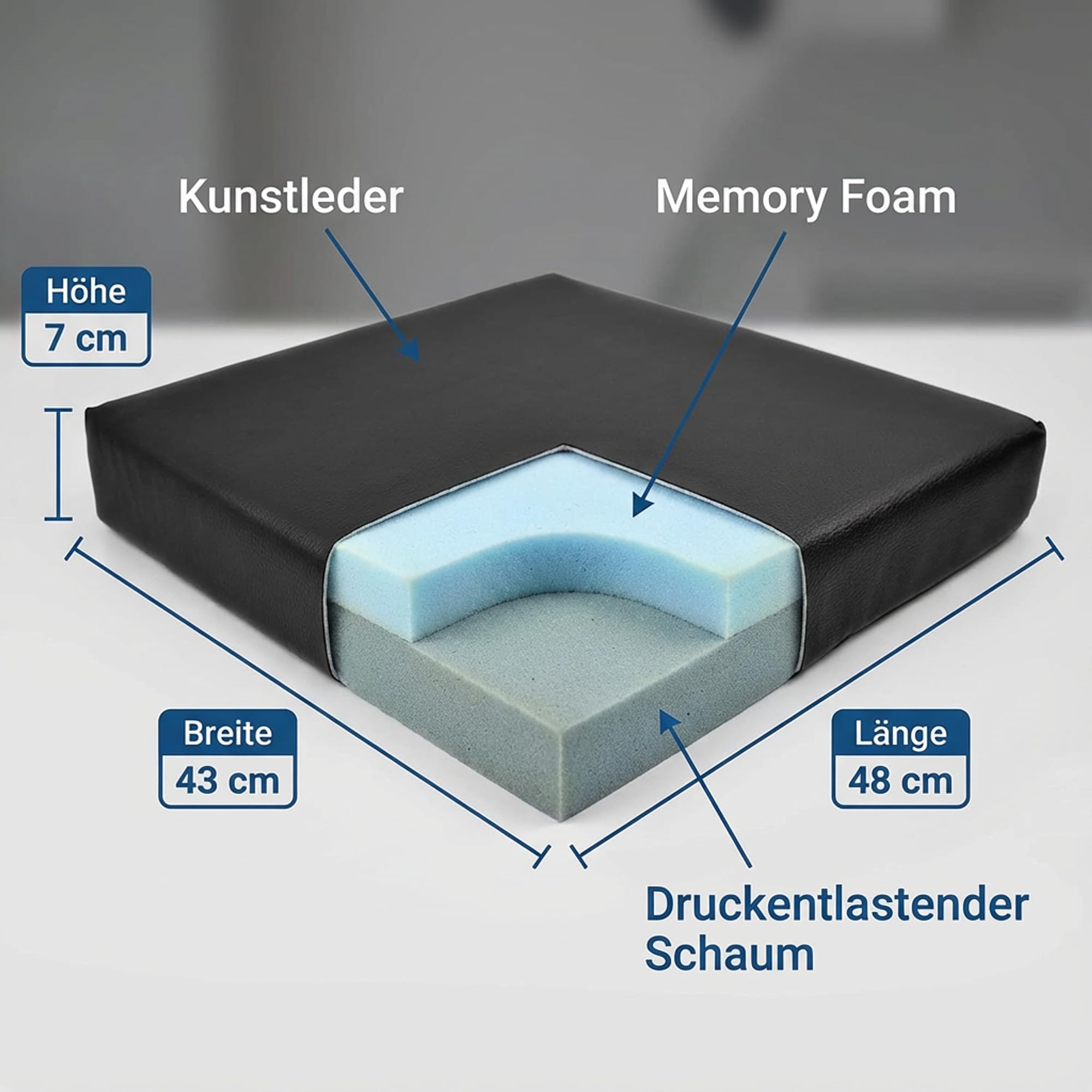 Sitzauflage für Rollstühle und Bürostühle zur Druckentlastung | Sitzkissen mit Kunstlederbezug | Ergonomisches Rollstuhlkissen | Kunstleder (schwarz, 43 x 48 cm)
