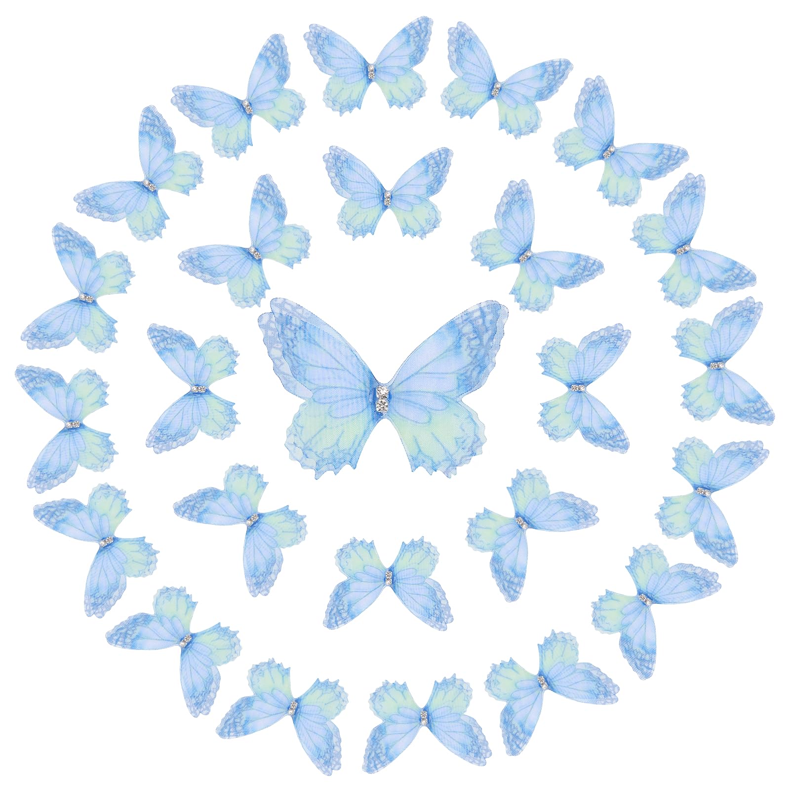 sourcing map 25 Pcs Sheer Mesh Butterfly Appliques, 5cm Two Layers Butterflies with Gem Applique Patch DIY 3D Craft Ornament for Wedding Party Home Decor Clothes, Blue-Green