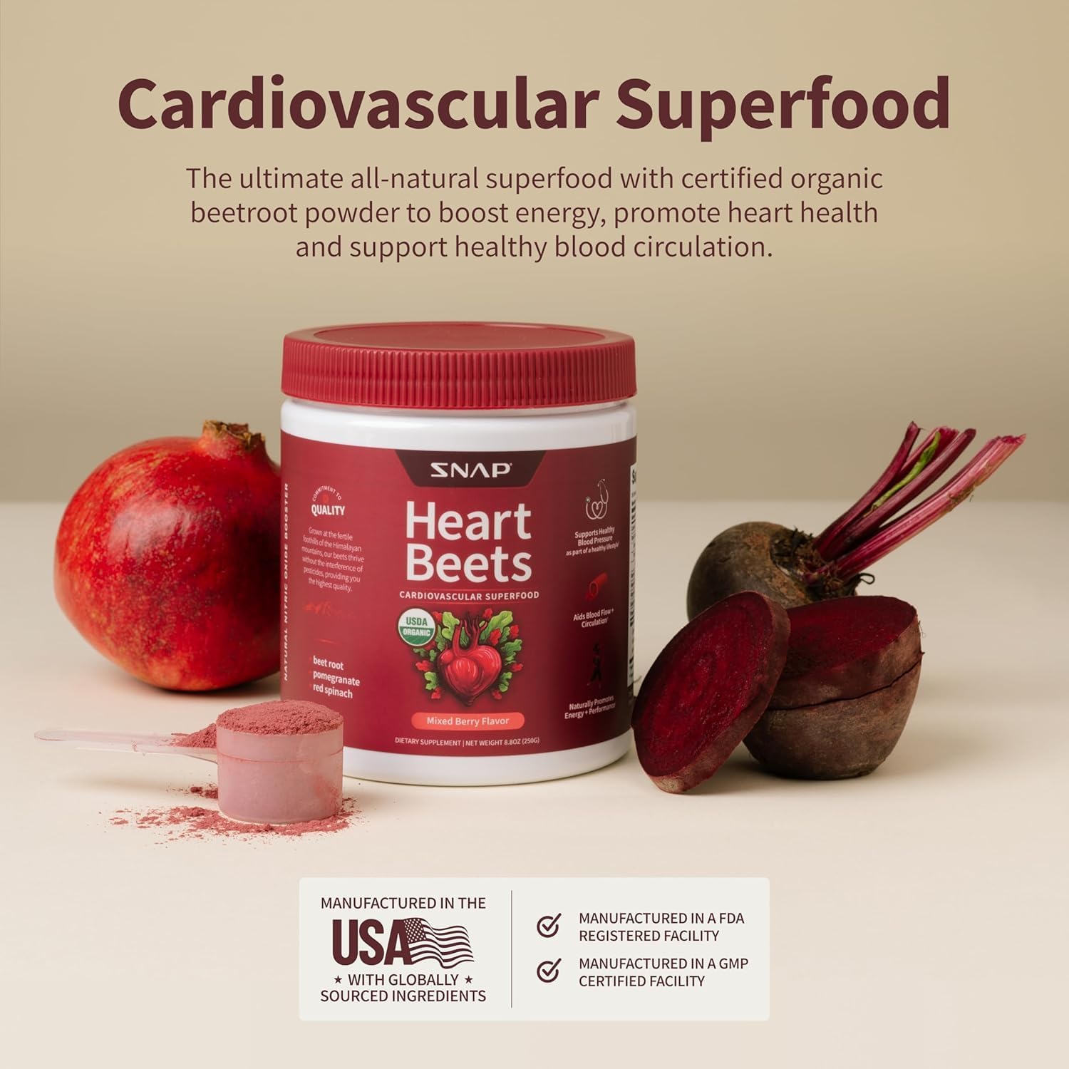 Snap Supplements Heart Beets, Organic Beet Root Powder, Cardiovascular Support Supplement for Men & Women, Beets, Pomegranate, B Vitamins & Red Spinach, Heart Health Support, 30 Servings, Mixed Berry - Image 6