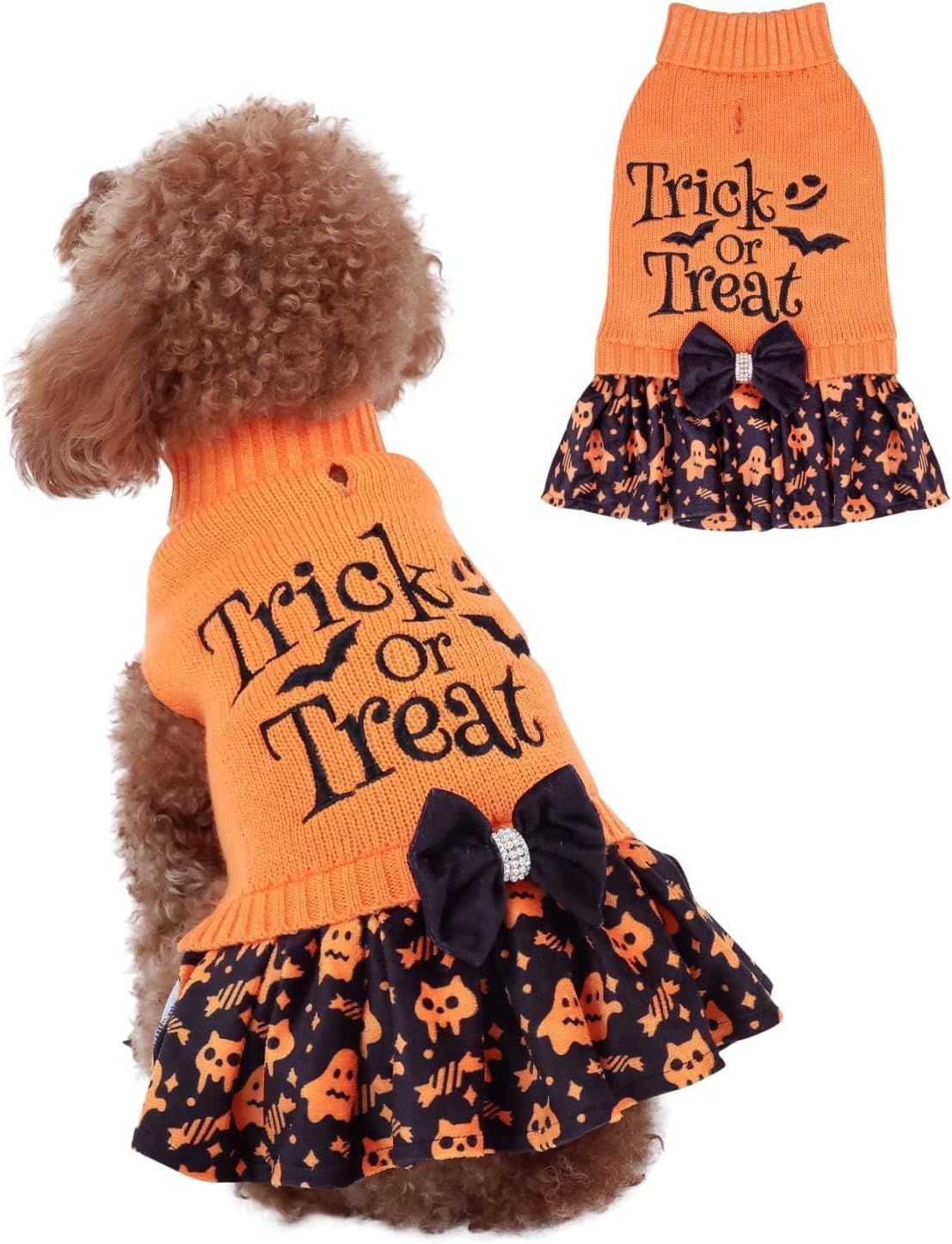 Pull pour chien d'Halloween CuteBone en tricot brodé pour soirée costumée de petite chienne