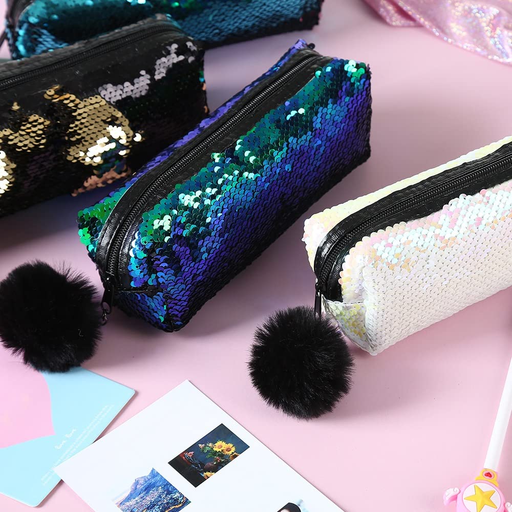 Astuccio Con Paillettes Reversibili 3 Colori – Borsa Per Trucco E Scuola Con Zip E Pompon, Regalo Per Ragazze - 5
