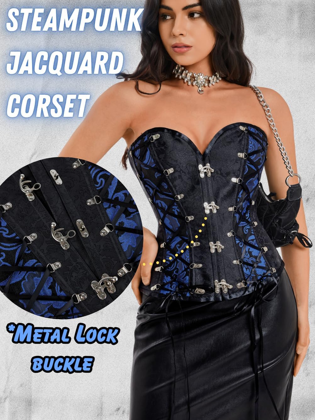 Women's Steampunk Gothic Corset, Vintage Jacquard Lace-Up Bustier with Metal Clasps - Image 2