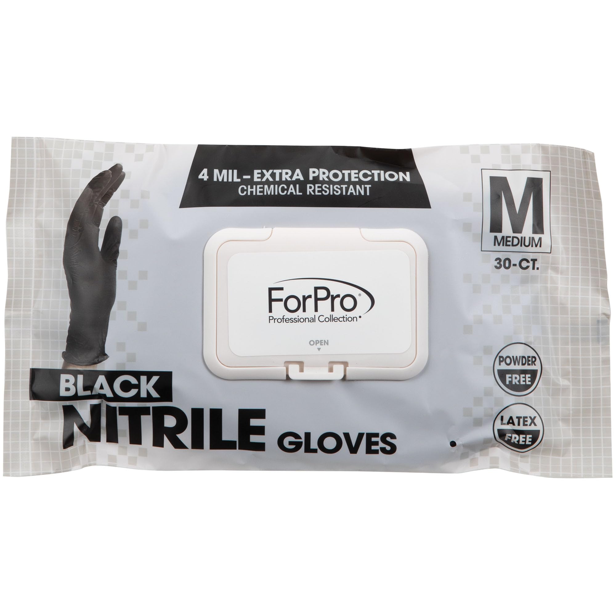 ForPro Professional Collection Disposable Nitrile Gloves, Chemical Resistant, Powder-Free, Latex-Free, Non-Sterile, Food Safe, 4 Mil, Black, Medium, 30-Count