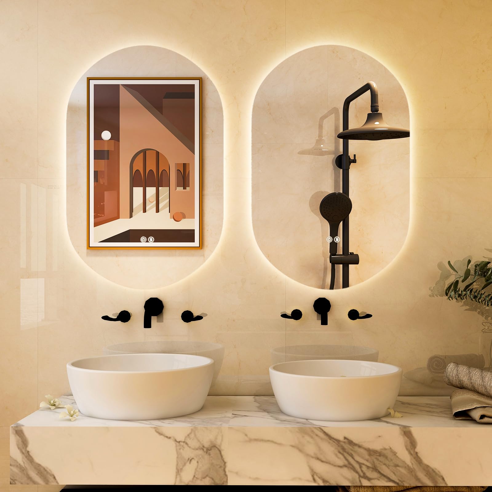 COSTWAY Espejo de Pared LED Ovalado de 80 cm x 50 cm, Retroiluminado y Ajustable en Intensidad, Espejo con 3 Luces de Color e Botón Táctil Inteligente, Antiniebla y a Prueba de Explosiones