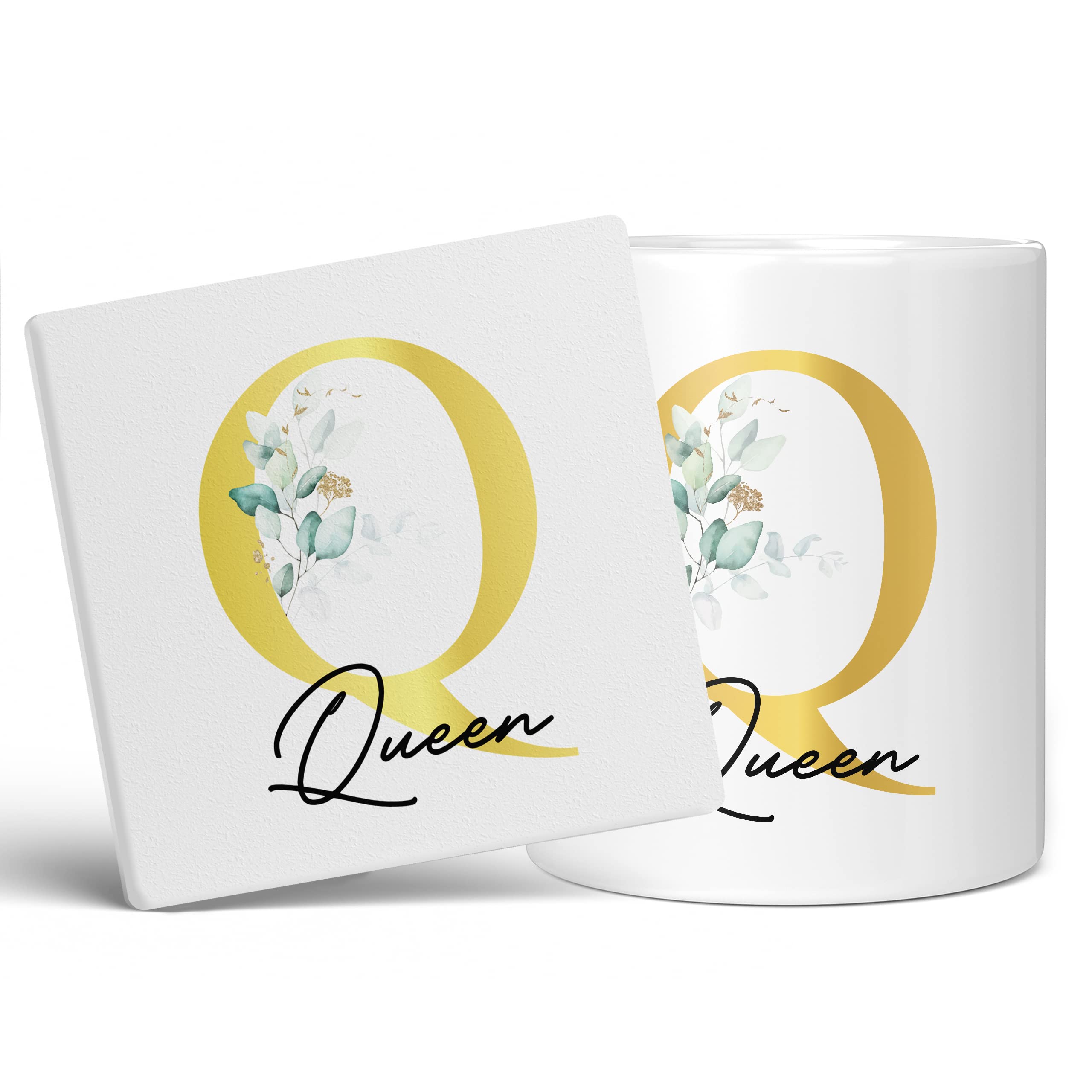 Personalised Letter Q Floral Mug Initial with Name, Customised Gift, Gold Effect Printed Letter, NOT Metallic - Ceramic Coffee Cup for Men or Women, Extra Large and Giant Mug, 20oz White Cup & Coaster