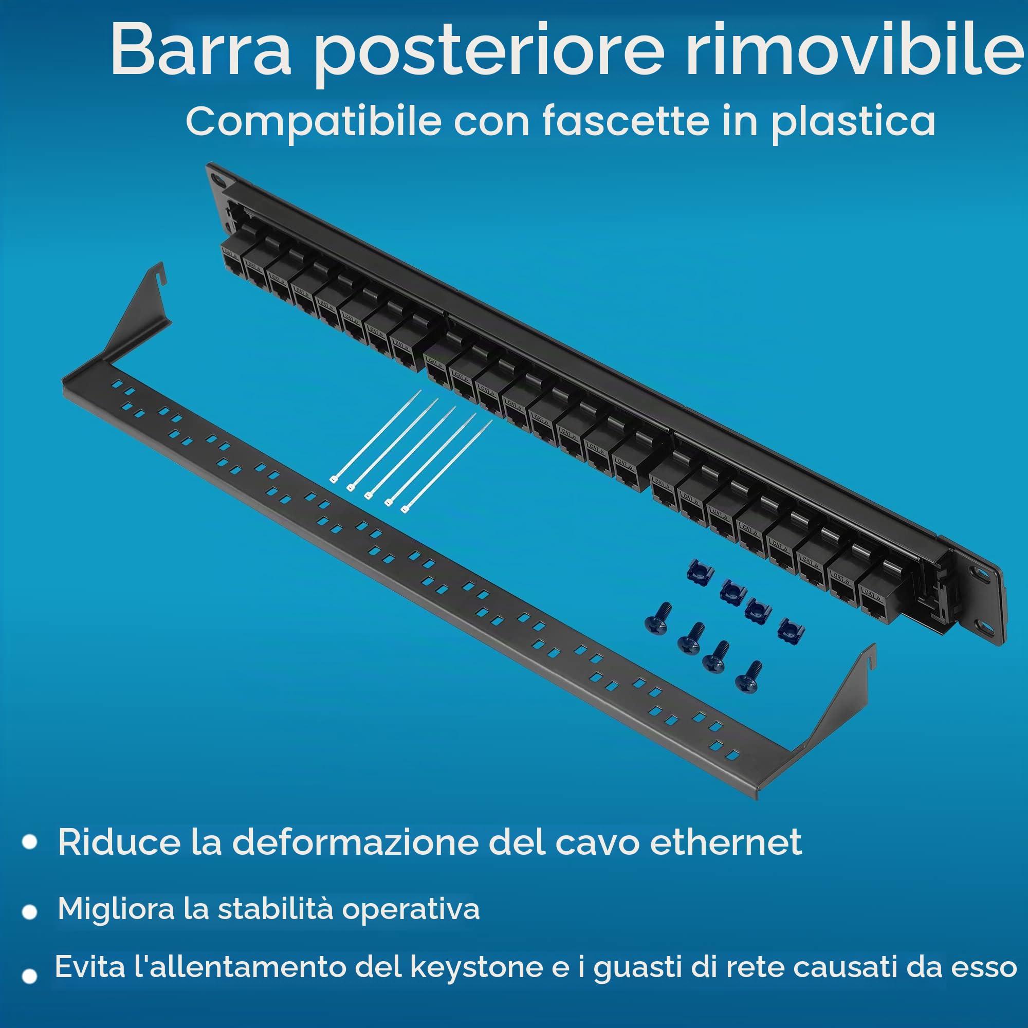 Rapink Patch Panel Cat6 a 24 porte con supporto Keystone in linea 10G, pannello patch PassThru accoppiatore UTP da 19 pollici con barra posteriore rimovibile, pannello patch di rete 1U per cablaggio