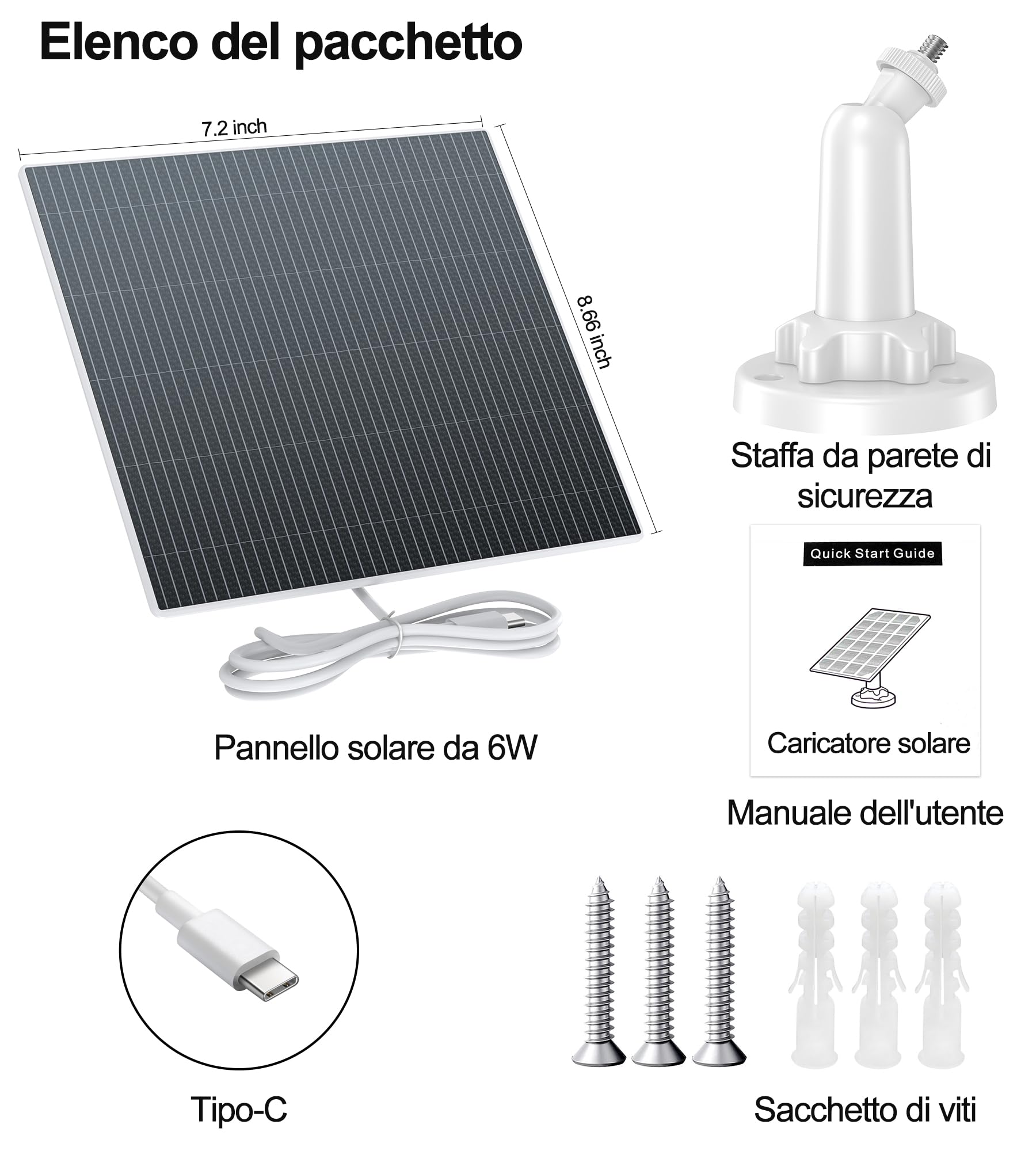 Pannello Solare 6W per Telecamere di Sicurezza a Batteria da Esterno, Modulo Solare 5V USB-C, Compatibile con Telecamere a Batteria, Regolabile 360°, IP65 Impermeabile, Cavo 3m (6W 1-Pack)