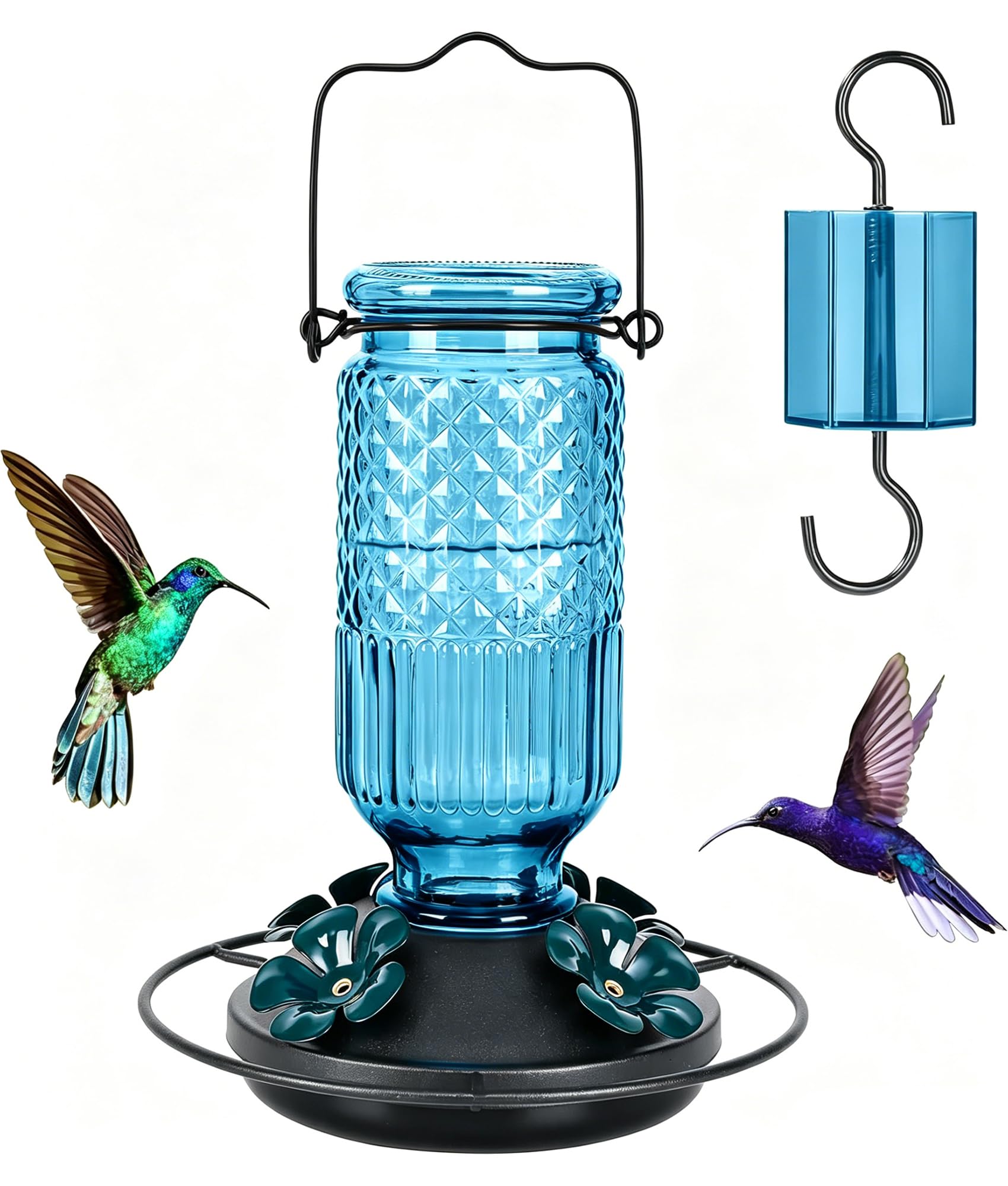 FEED GARDEN Glass Hummingbird Feeder for Outdoors Hanging, 16 OZ Humming Birds Feeders with 4 Bee Guard Feeding Ports &amp; Built-in Ant Moat, Hummingbird Gifts for Mom, Bird Feeder for Outside, Blue