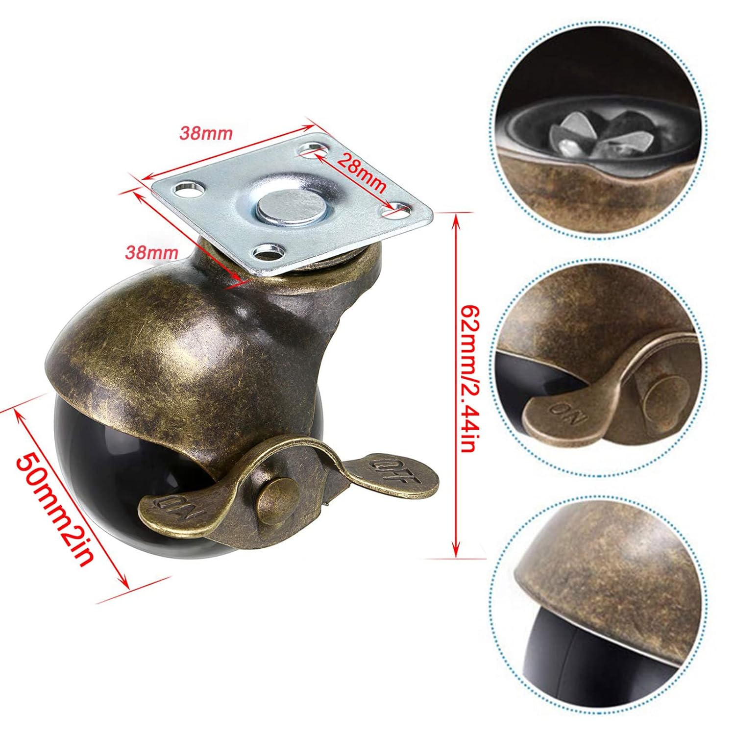 家具用キャスター ブレーキ付き2インチ回転家具キャスター4個パック