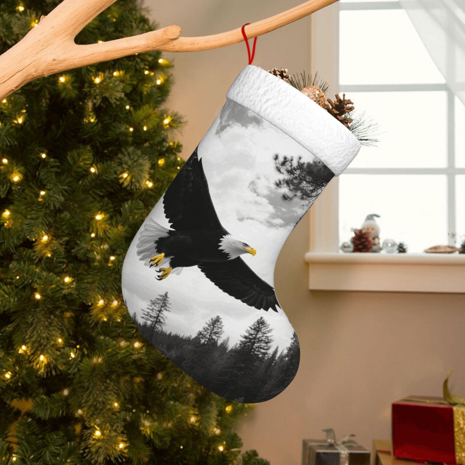 Velvet Christmas Stockings 17.7 Inch, Balck Eagle Forest Xmas Stocking with Soft Cuff,Classic Personalized Christmas Tree Decoration for Family Holiday New Year Party Supplies