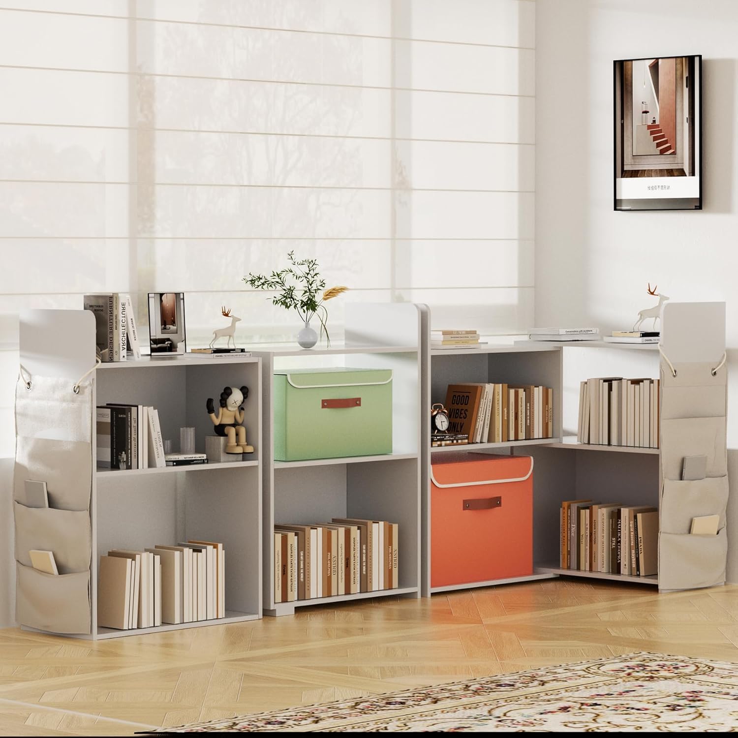 4 Cube Storage Organizer, 32inch Wooden Extendable Book Shelf DIY Bookcase with 2 pcs Storage Cabinet and Side Pockets, Open Storage Cabinet for Living Room, Bedroom, Home, Office