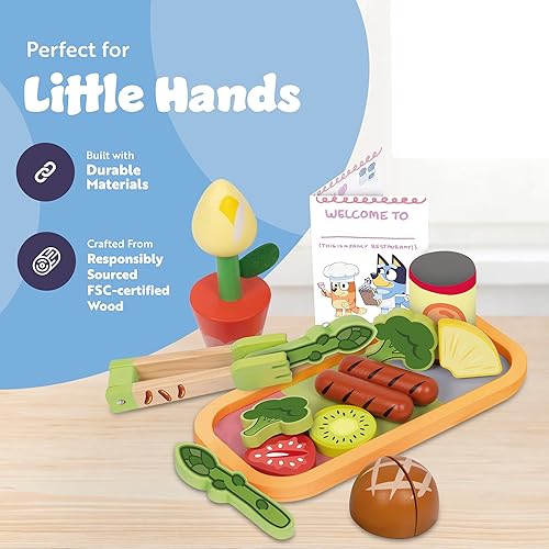 Miniatura 3 de Bluey - Cena con BLUEY Set, juego de juguetes de madera de 32 piezas con espárragos mágicos, platos, utensilios y más, perfecto para juegos de roles