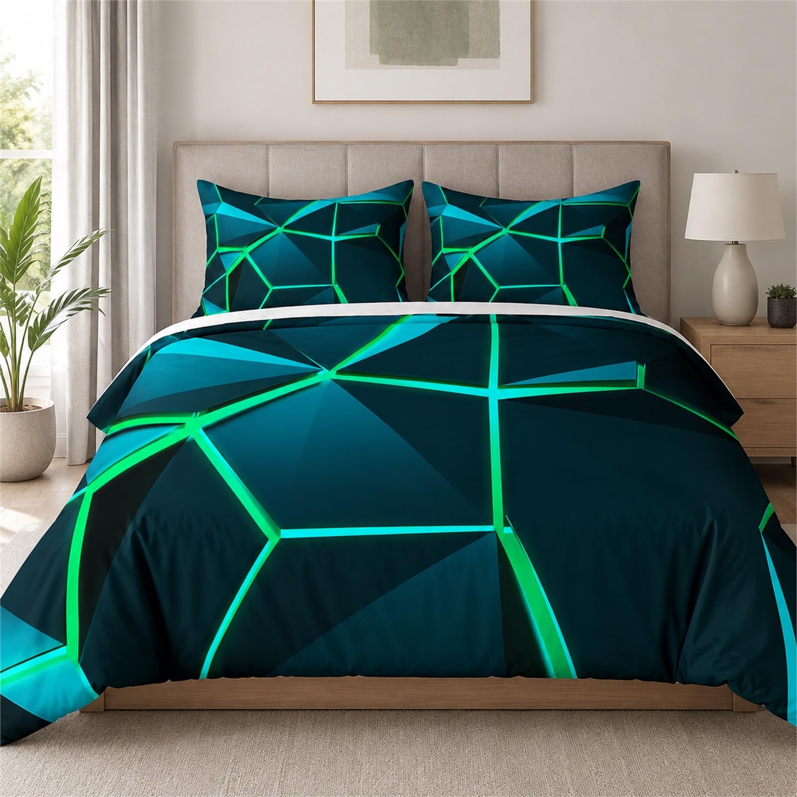 Tabeskly Boys Kids Geometric Triangle Bedding Geometry Triangular Polygonal Single Duvet Cover Sets with Zipper Blue Neon Green 135x200 CM — image 1