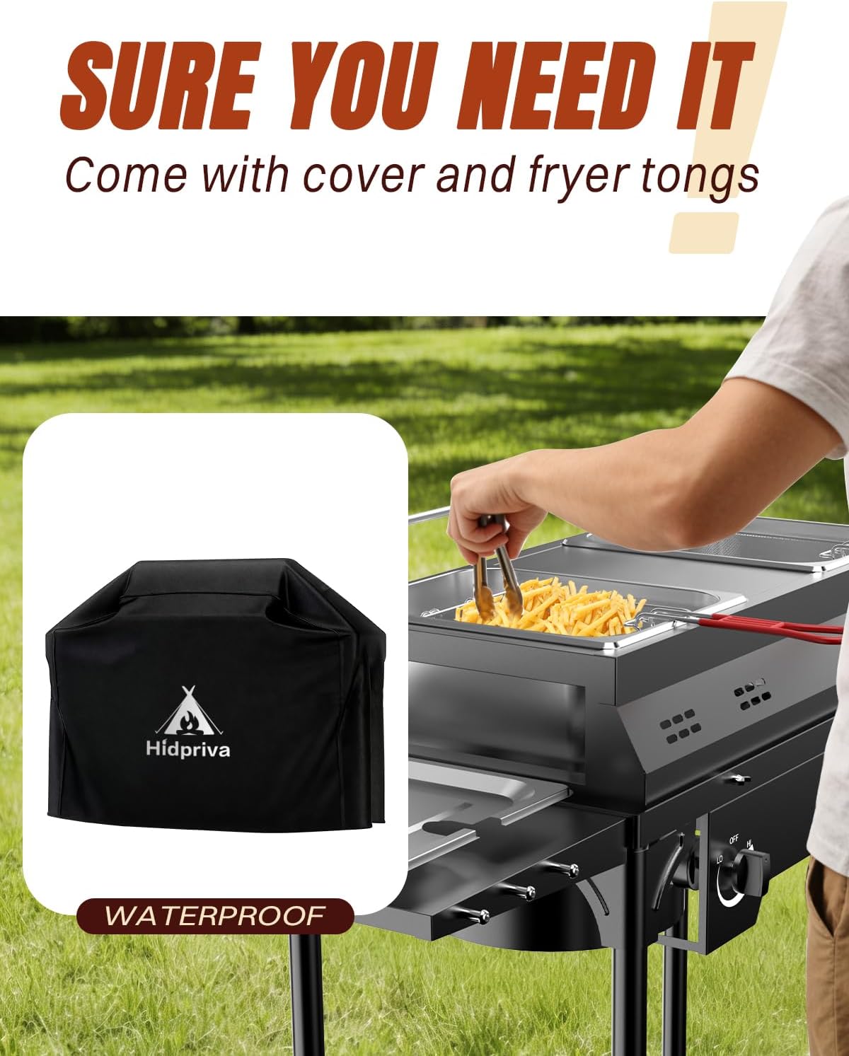 Outdoor Propane Deep Fryer | Dual-Tank Commercial Fryer | 2x8QT Stainless Steel Pots with Baskets & Lids | 40,000 BTU Independent Cast Iron Burners | Side Tables, Thermometers & Tongs