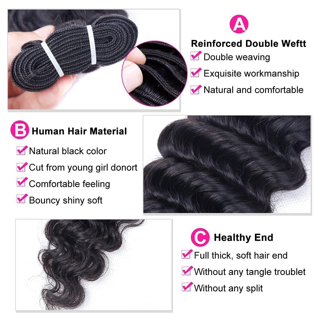 Sexycat Deep Curly Bundles with 4x4 Lace Closure Human Hair 16 18 20+14 Inch 100% Unprocessed Brazilian Virgin Hair Extensions Water Wave Weave Bundles with Middle Part Closure - Image 4