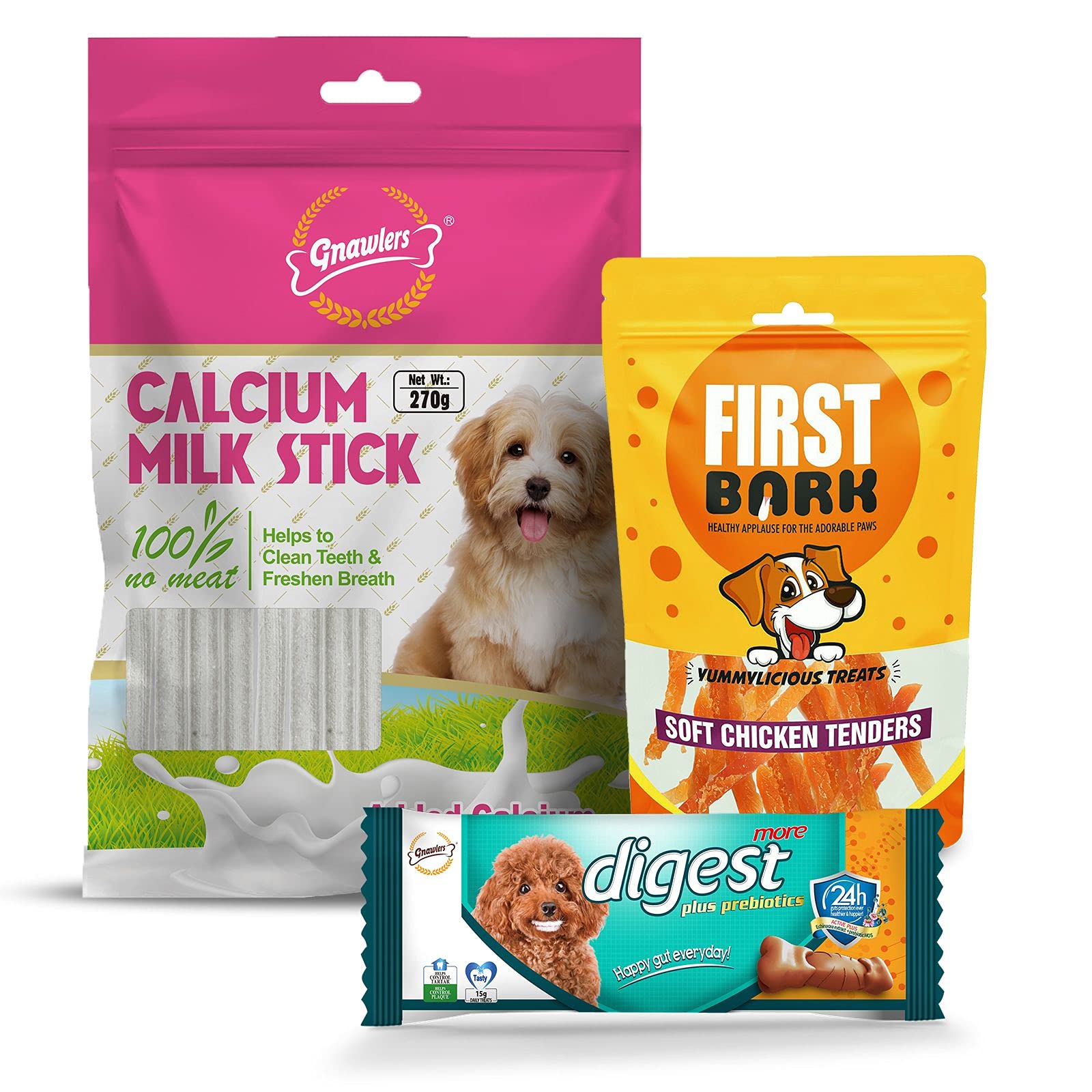First Bark Gnawlers, Dog Jerky Combo - Calcium Milk Stick 270G, Soft Chicken Tender, Gnawlers Digest 15G, All Life Stages