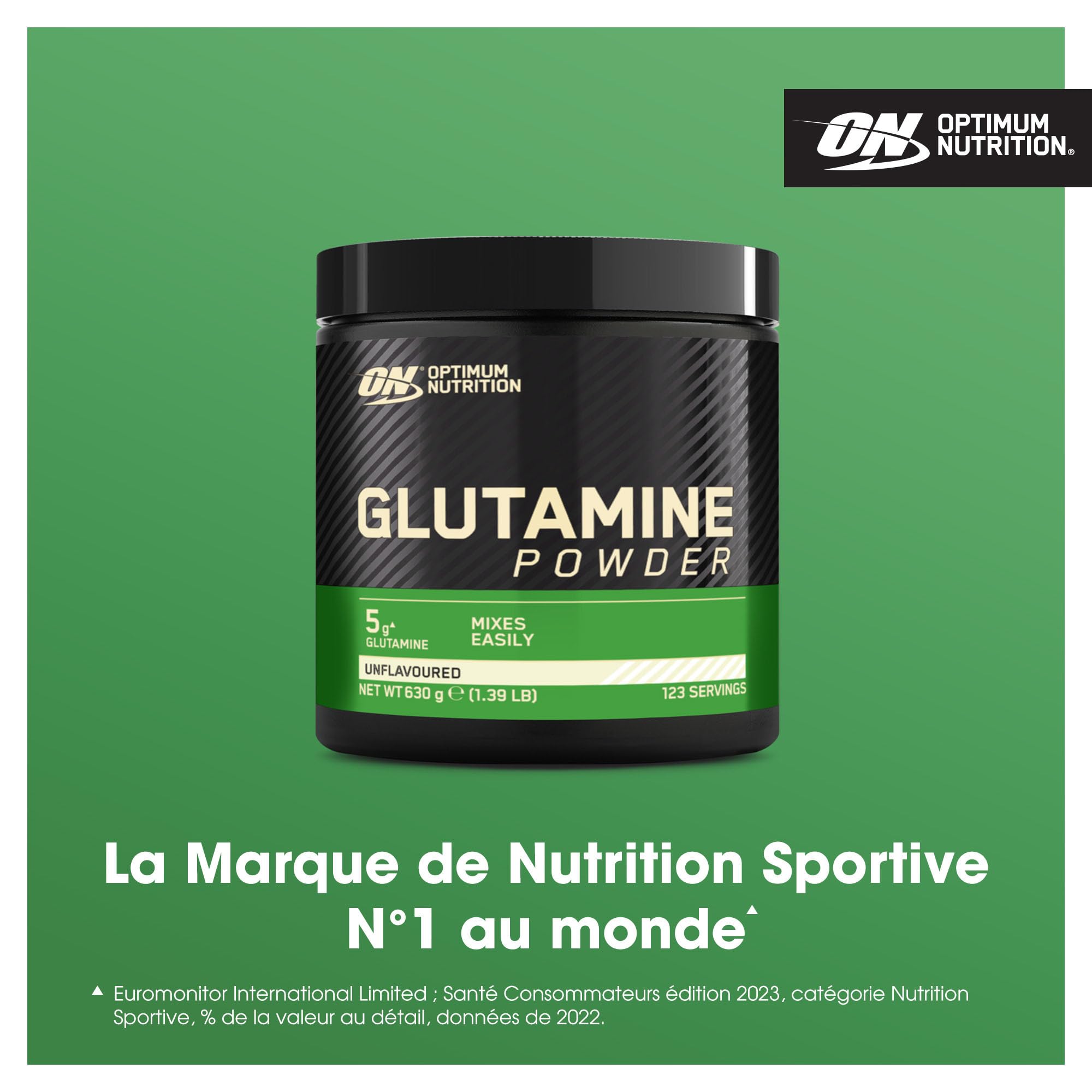 Optimum Nutrition Glutamine en poudre, Acide aminé l-Glutamine en poudre, complément alimentaire pour shake Post et Pre Workout, non aromatisé, 123 portions, 630 g