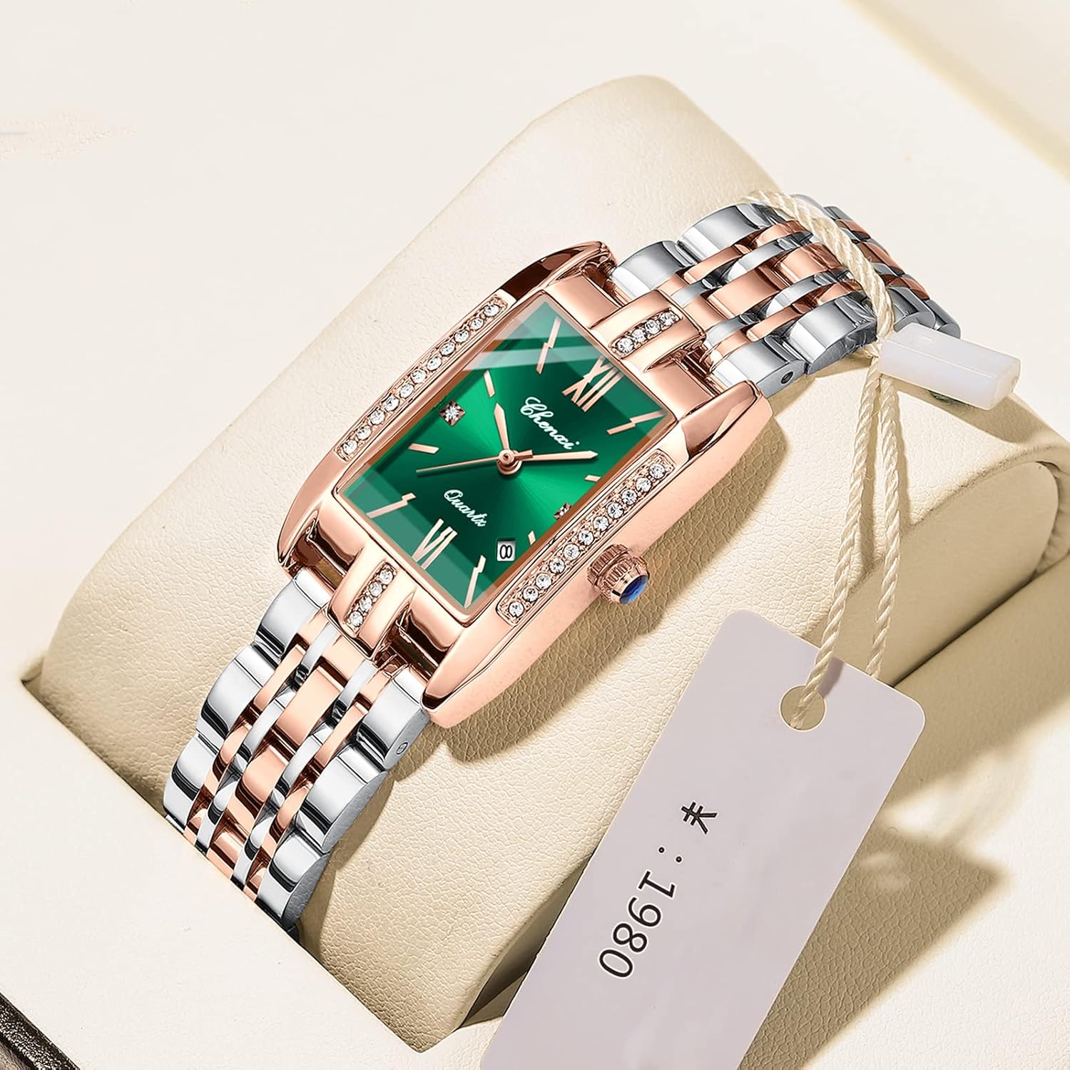 FANMIS Luxury Women's Classic Crystal Diamond Bracelet Watch Elegant Small Face Stainless Steel Waterproof Watch Business Dress Watch for Ladies (X Green)