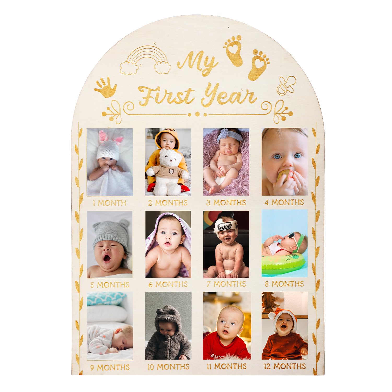 NQEUEPN My First Year Picture Frame, 16x11 Inch My First Year Photo Display Board Wooden 12 Months Newborn Milestone Wood Baby Photo Frame for Birthday Keepsake Nursery Decor Gift