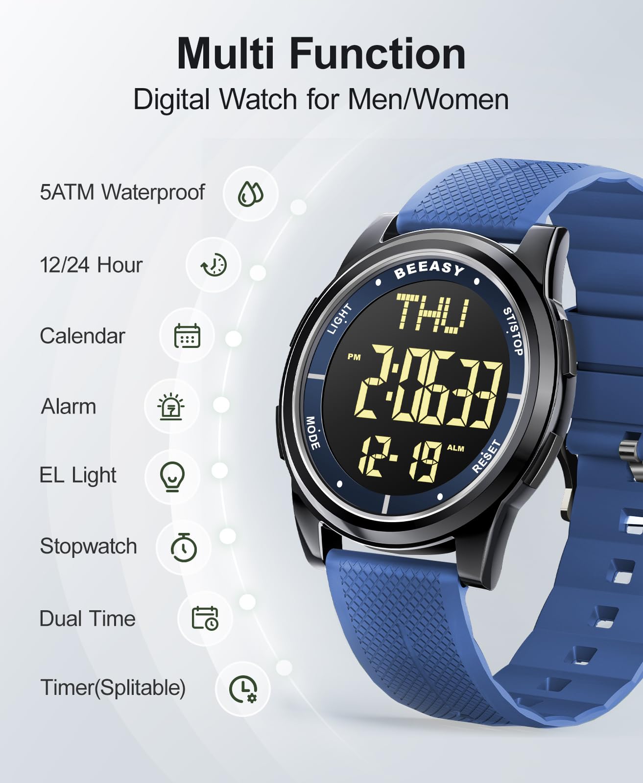 Beeasy Montre numérique étanche avec chronomètre, Alarme, Compte à rebours, Double Temps, Ultra Mince, Super Grand Angle, Montre numérique pour Homme et Femme