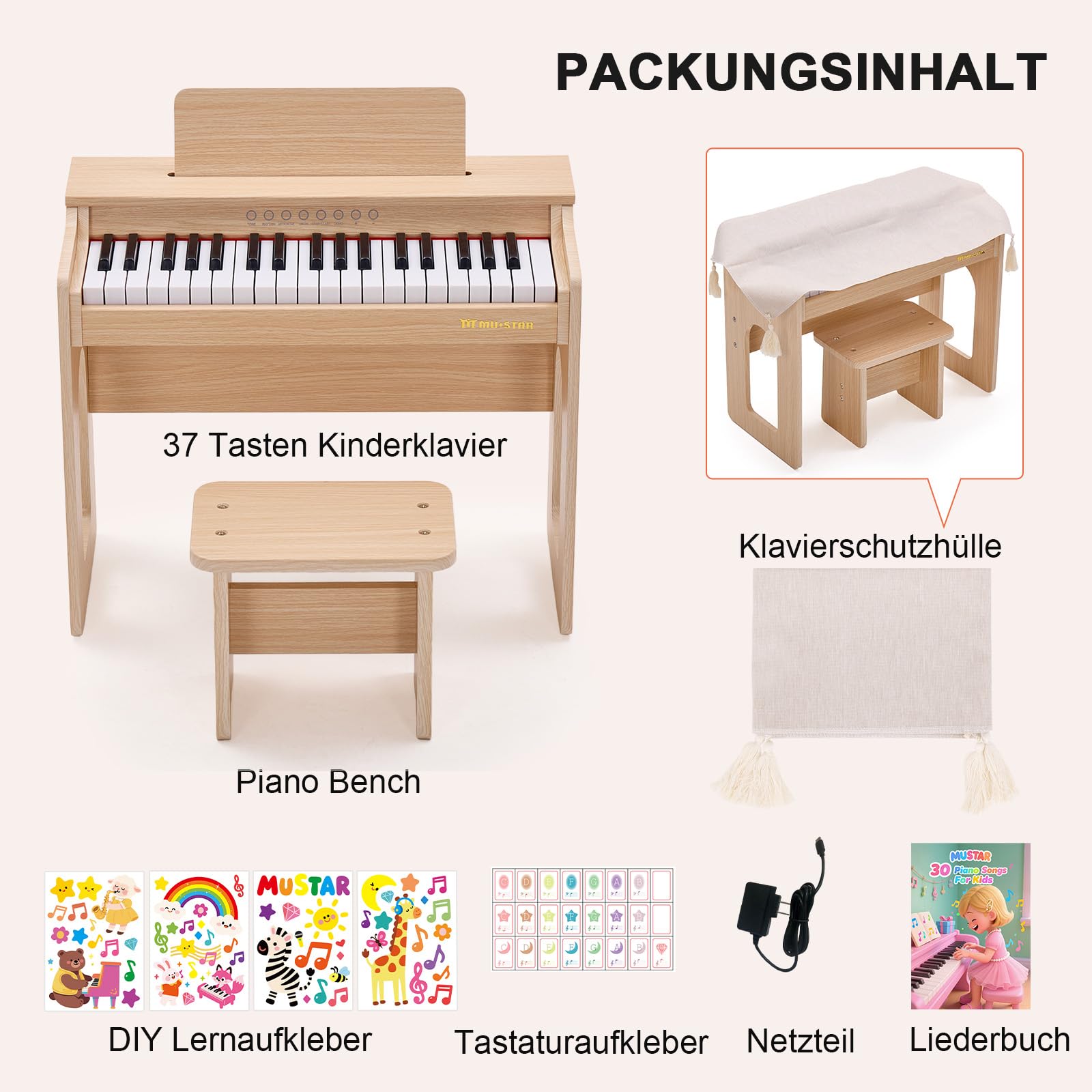 MUSTAR Piano pour Enfants, Piano numérique à 37 Touches pour Enfants, avec Banc de Piano, recueil de chansons, Autocollants et Housse de Protection, Filles et garçons, Chêne