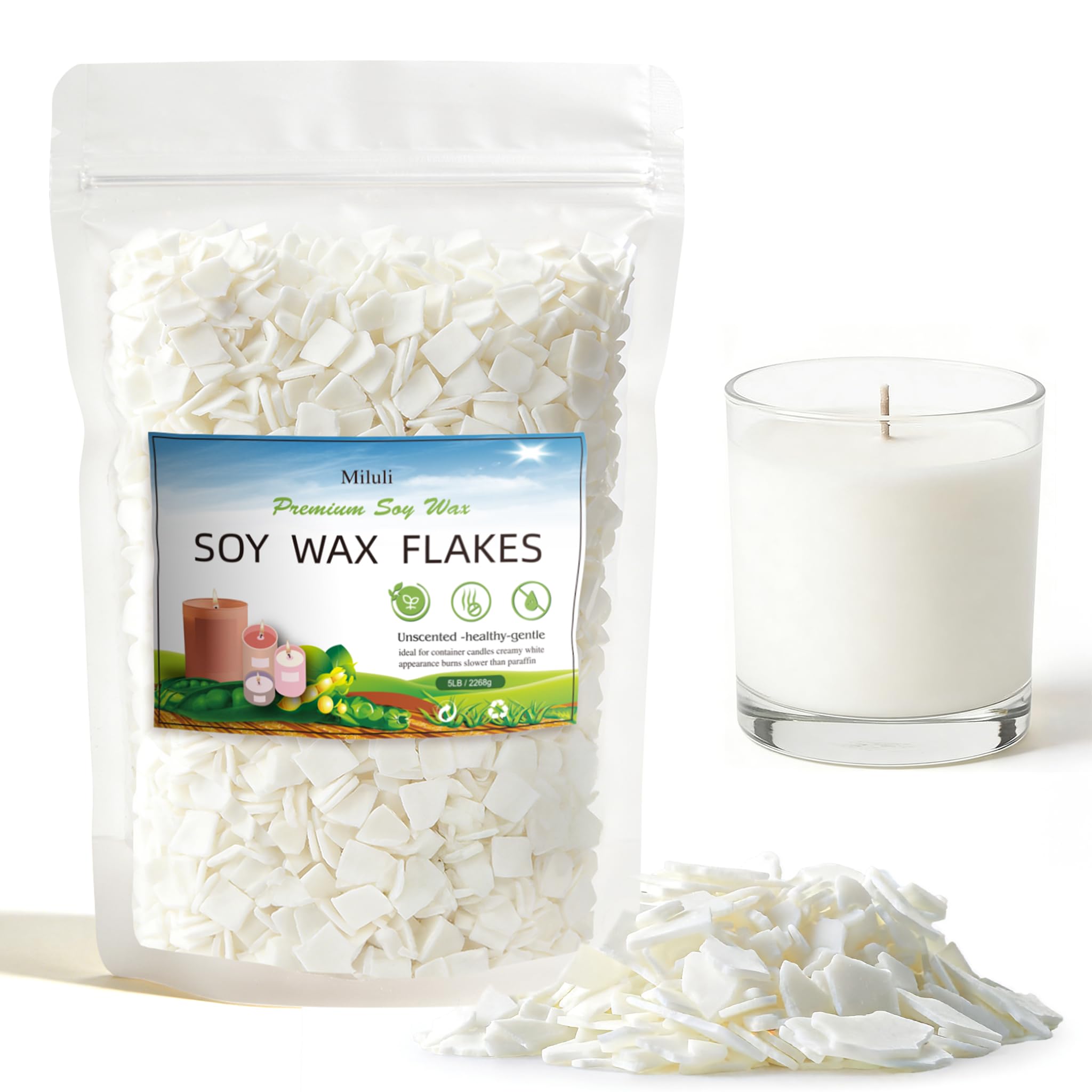 Miluli Copos de cera de soja 100 % natural para hacer velas, ecológicos, combustión limpia, suministros de velas de bricolaje, seguros y puros, 5 libras