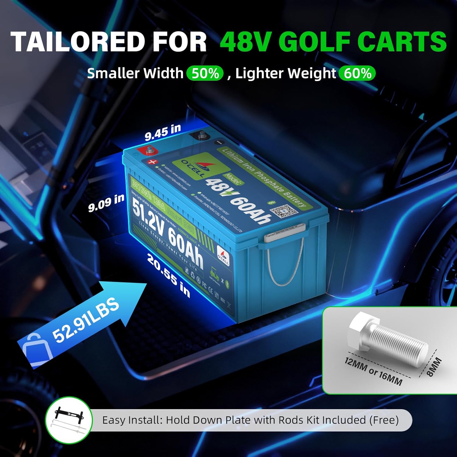 48V (58.4V) 60Ah LiFePO4 Golf Cart Battery with Mounting Bracket, 38.4V 4.8kW Lithium Iron 120A BMS, Bluetooth/LCD, 58.4V 15A IP67 Charger - 10 Year Lifespan Fit Club Car, EZ-GO, Trolling Motors