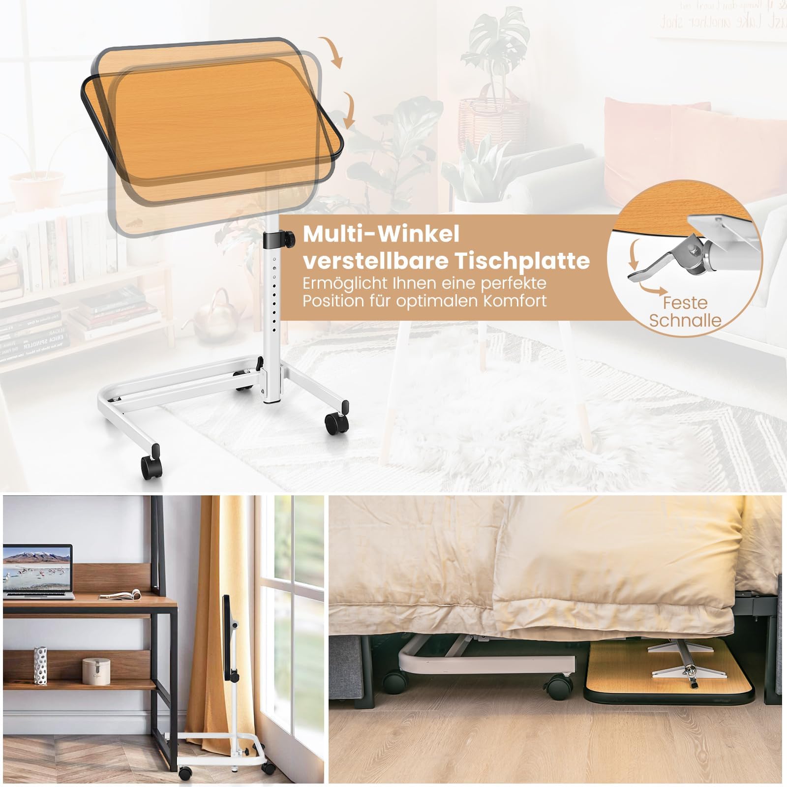 FANTASK höhenverstellbarer Pflegetisch, 60,5 x 40 x 73-93 cm des Pflegetisches, Krankentisch mit in Mehreren Winkeln neigbarer Platte, Natur