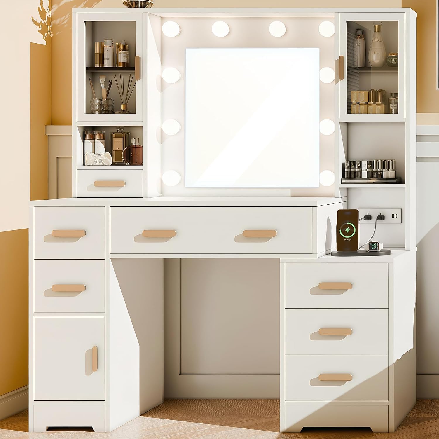 Tocador con Espejo y Luces, Mesa de Maquillaje Grande de 124 cm con 7 Cajones y 3 Armarios, Tocador con Enchufe Integrado y Puertos USB, Tocador Dormitorio, Blanco
