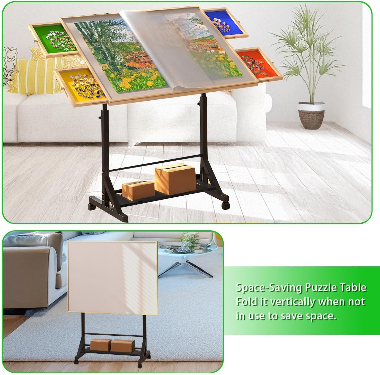 Wooden Puzzle Table with Drawer, Adjustable Height and Angle, Rolling Puzzle Table