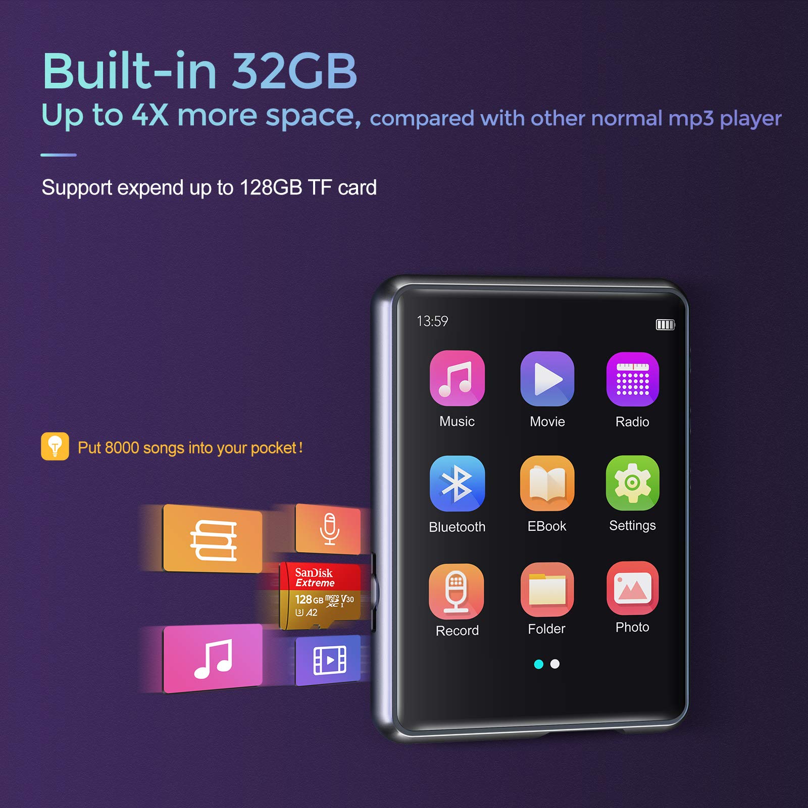 64 GB odtwarzacz MP3 z Bluetooth 5.3, bezstratny odtwarzacz audio HiFi z głośnikiem, 2,4 cala, pełny ekran dotykowy, radio FM, liniowy rejestrator głosu, e-book, obsługa do 128 GB