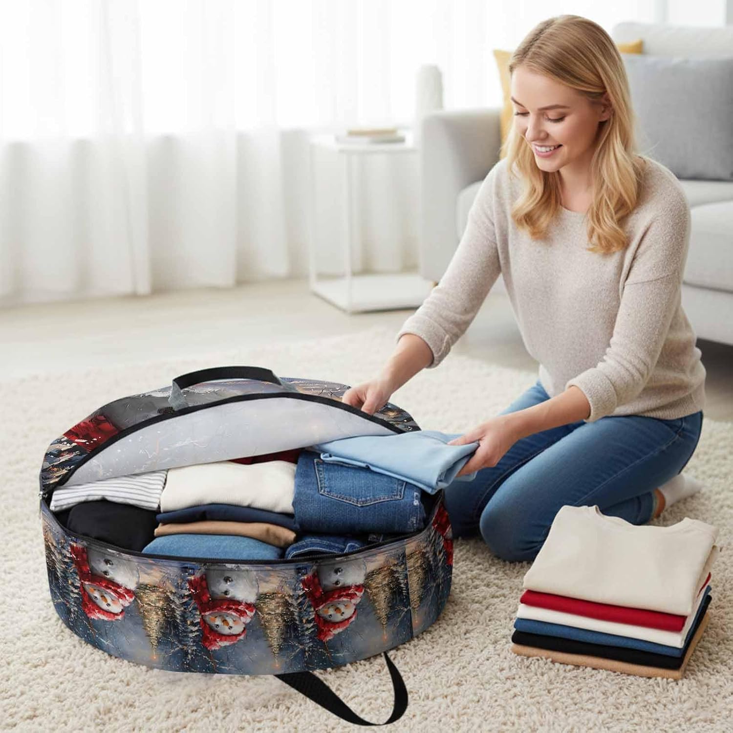 Christmas Cute Round Storage Bag 36 Inch, Red Scarf Snowman Clothes Storage Container with Handles Heavy Duty Organizer for Comforter, Bedding & Holiday Wreaths