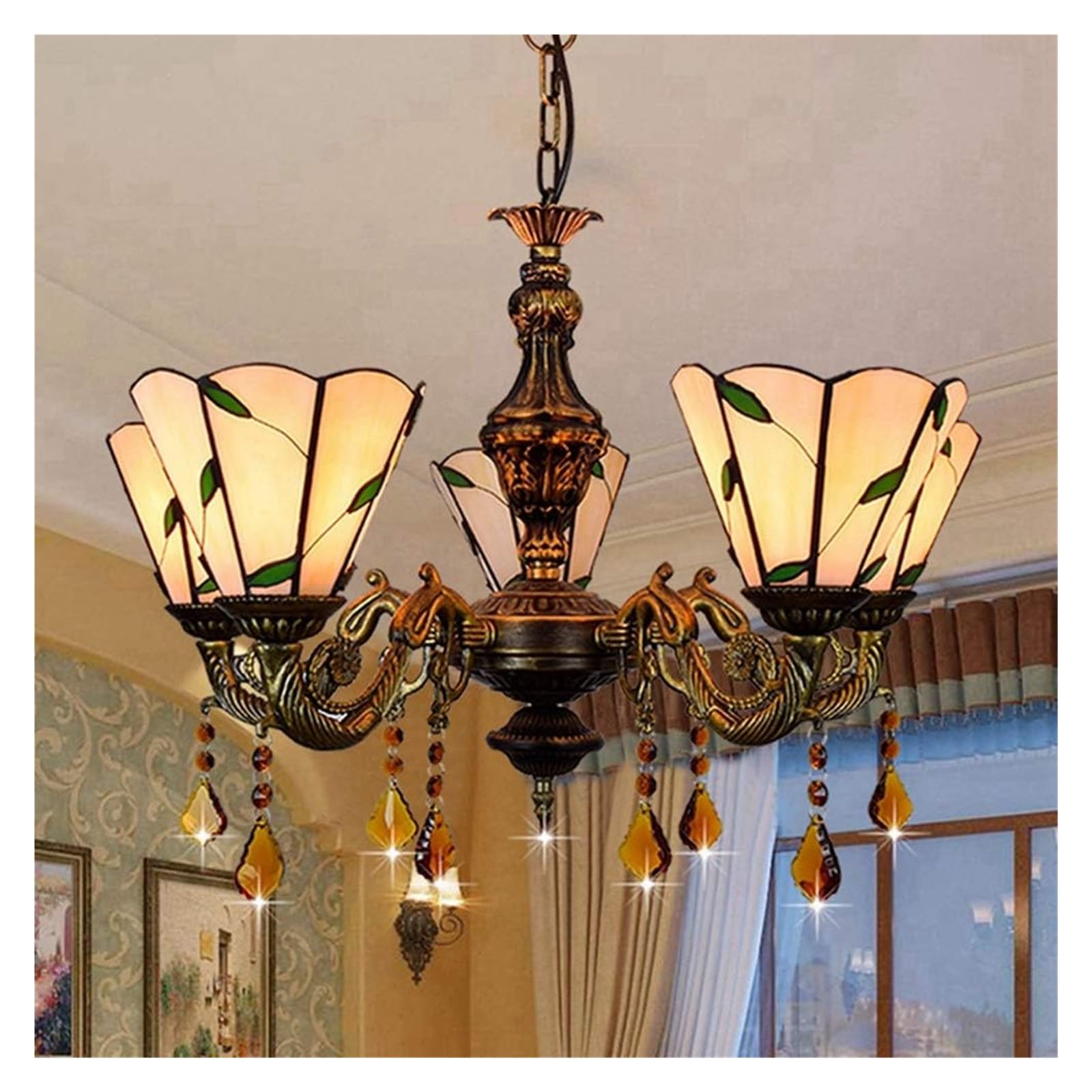 Lampa sufitowa, lampa wisząca sufitowa, 24" 5 głowic, żyrandol Tiffany, wielokolorowa, szklana lampa wisząca, restauracja, kawiarnia, bar, Li