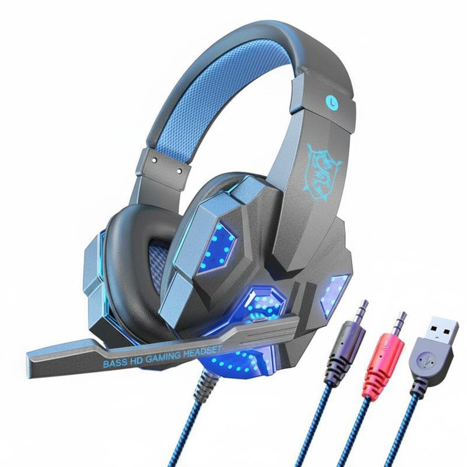 ojiva® in-line volume control led gaming headset mic 3d surround sound wired gaming headset lightweight design audio device adjustable headband for gamers, black blue, pc luminous