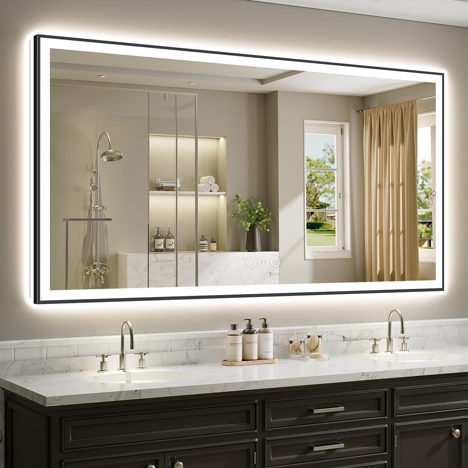 84x40 LED Bathroom Mirror with Lights, Black Framed Lighted Mirror
