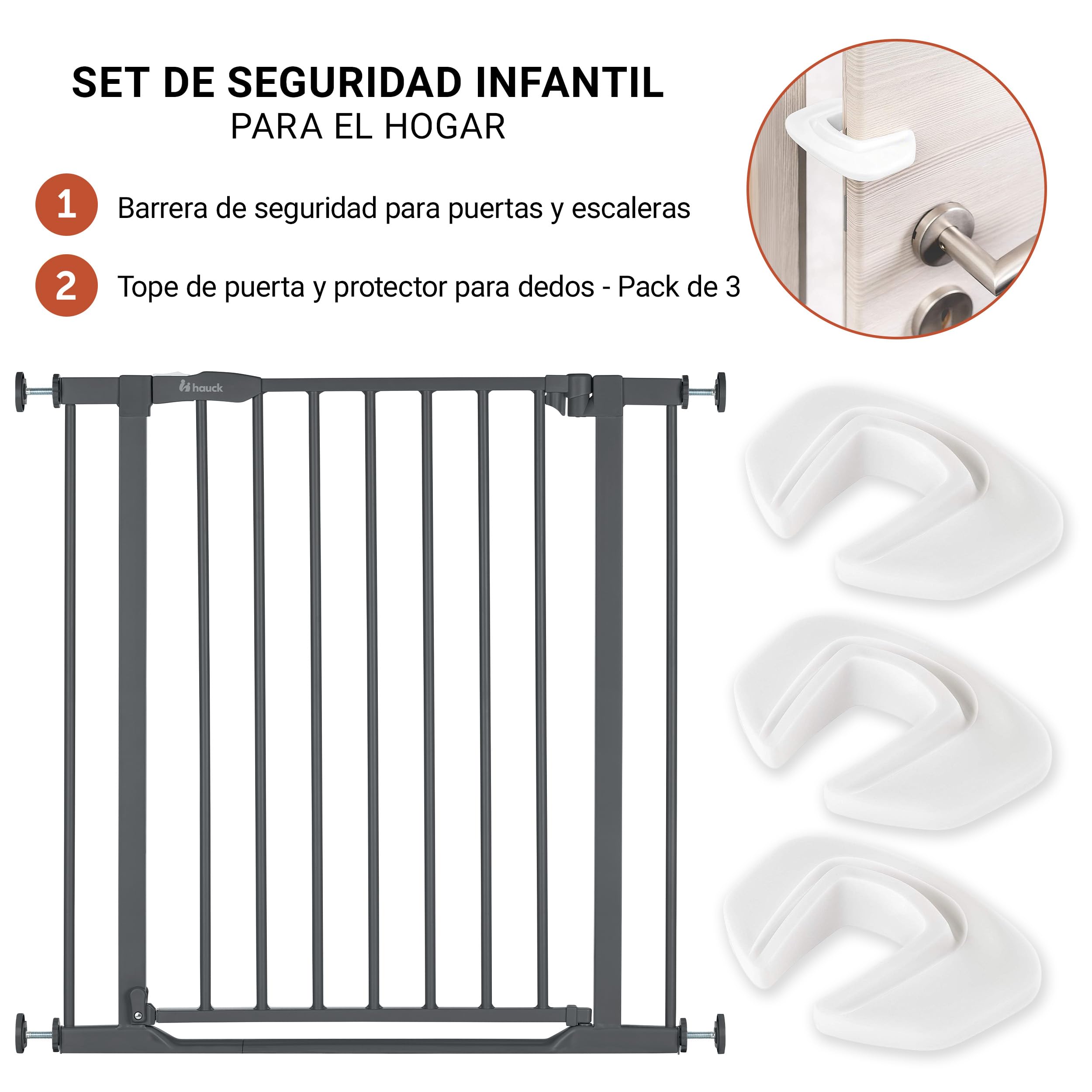 Hauck Clear Step Autoclose 2 Barrera Seguridad Niños Escalera | Valla Infantil Ajustable de 75 a 80 cm | 3 Topes de Puerta | Vallas para Perros Umbral Plano y Cierre Automático – Gris