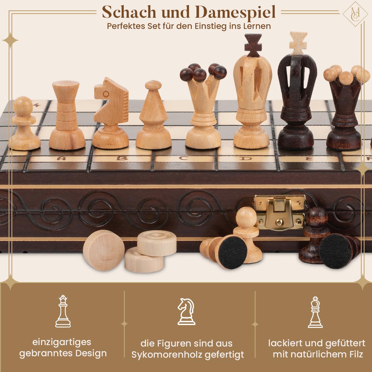 Great Kingdom Schach Spiel und Dame Spiel | Master of Chess Farbe Brune | Chess Set 35cm | Qualität Reise Schachspiel- Handgemachtes Tragbares Schach für Kinder und Erwachsene