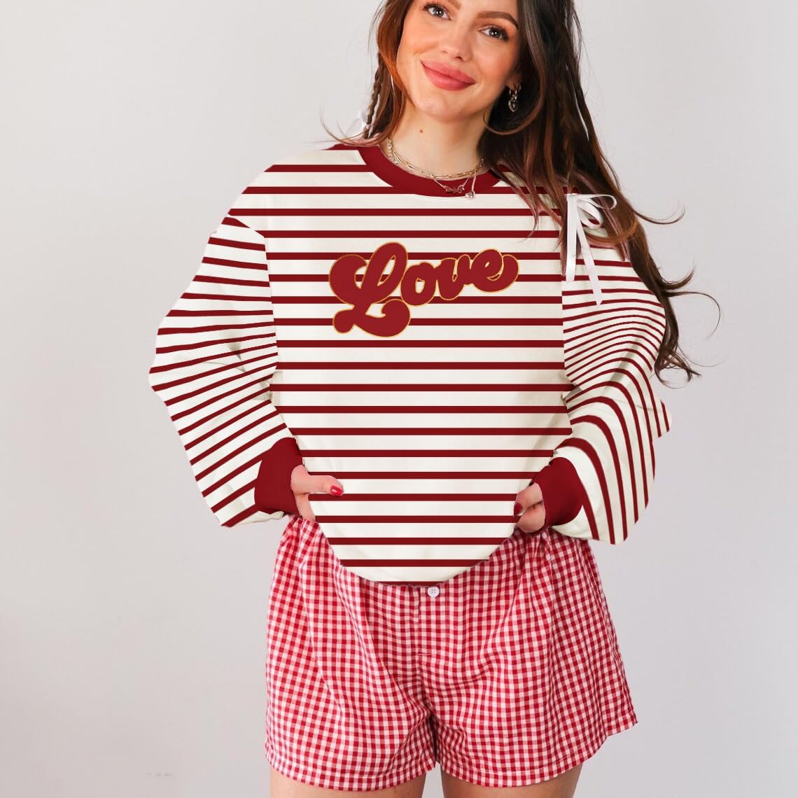 Valentine Sweatshirts for Women Heart Embroidery Sweatshirt Valentines Day Shirts Casual Valentine Pullover Tops