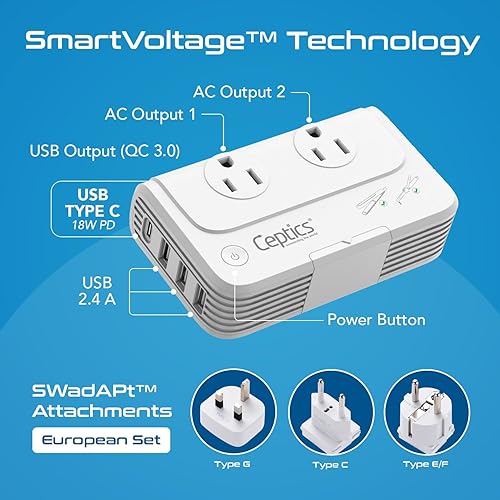 Miniatura 9 de Ceptics Convertidor de voltaje de viaje europeo, adaptador de 200 W para rizador, alisador, cargador, enchufe de alimentación mundial reductor, 4