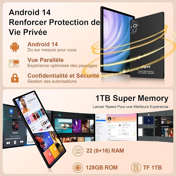 Tablette Android Tablet Tactile, 8000mAh, 22Go RAM + 128Go ROM/WiFi 5G+2.4G, 8-Cores, BT5.0, 8MP+5MP, Widevine L1, GMS Certified/Contrôle Parental, Tablette avec Clavier Souris- Noir - 5
