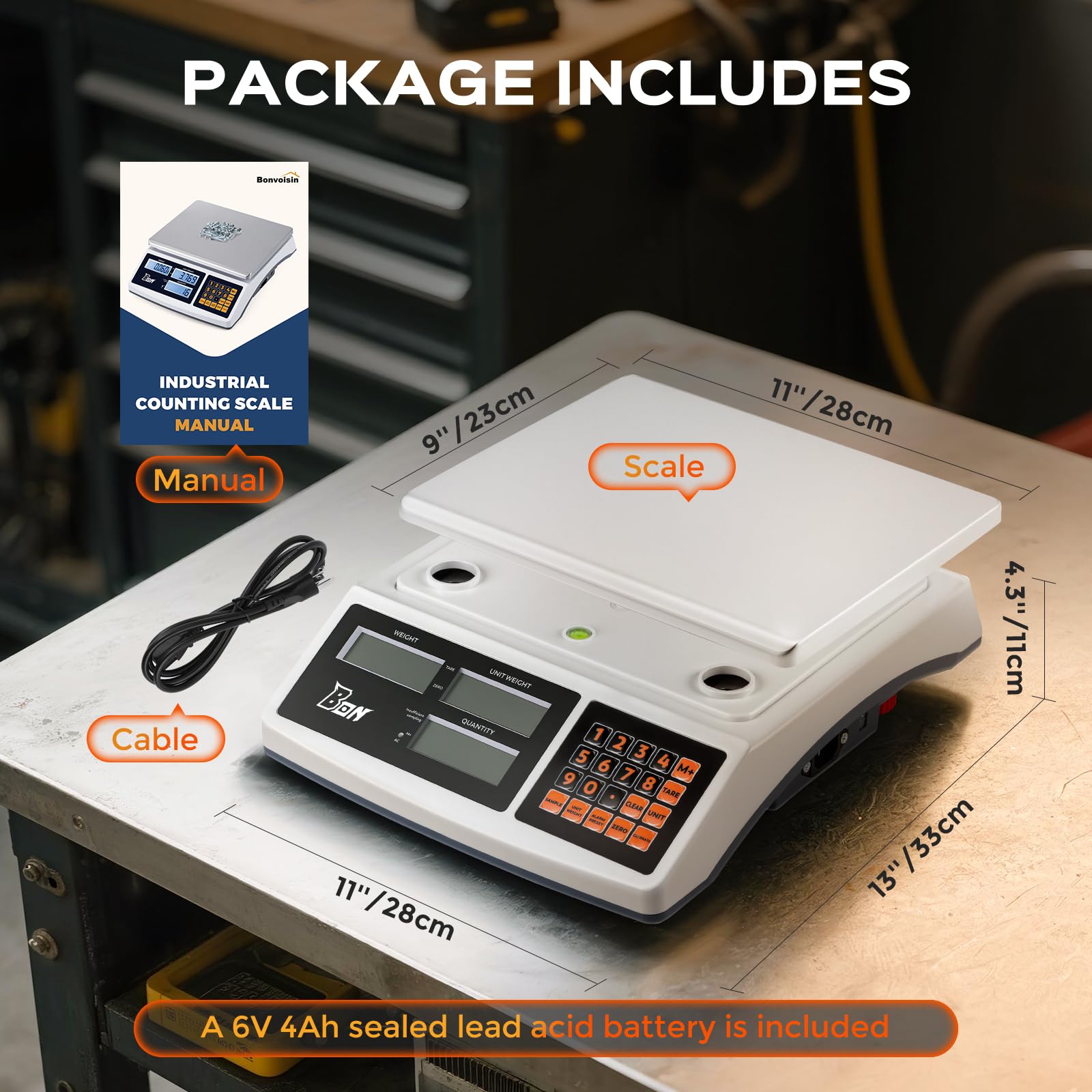 Bonvoisin 30kg x 0.1g Balance de Comptage Industrielle, Conversion g/kg/lb, Alimentation Secteur/Batterie, Plateau Acier Inoxydable 304, Écran LCD, pour Pièces, Monnaie, Bijoux
